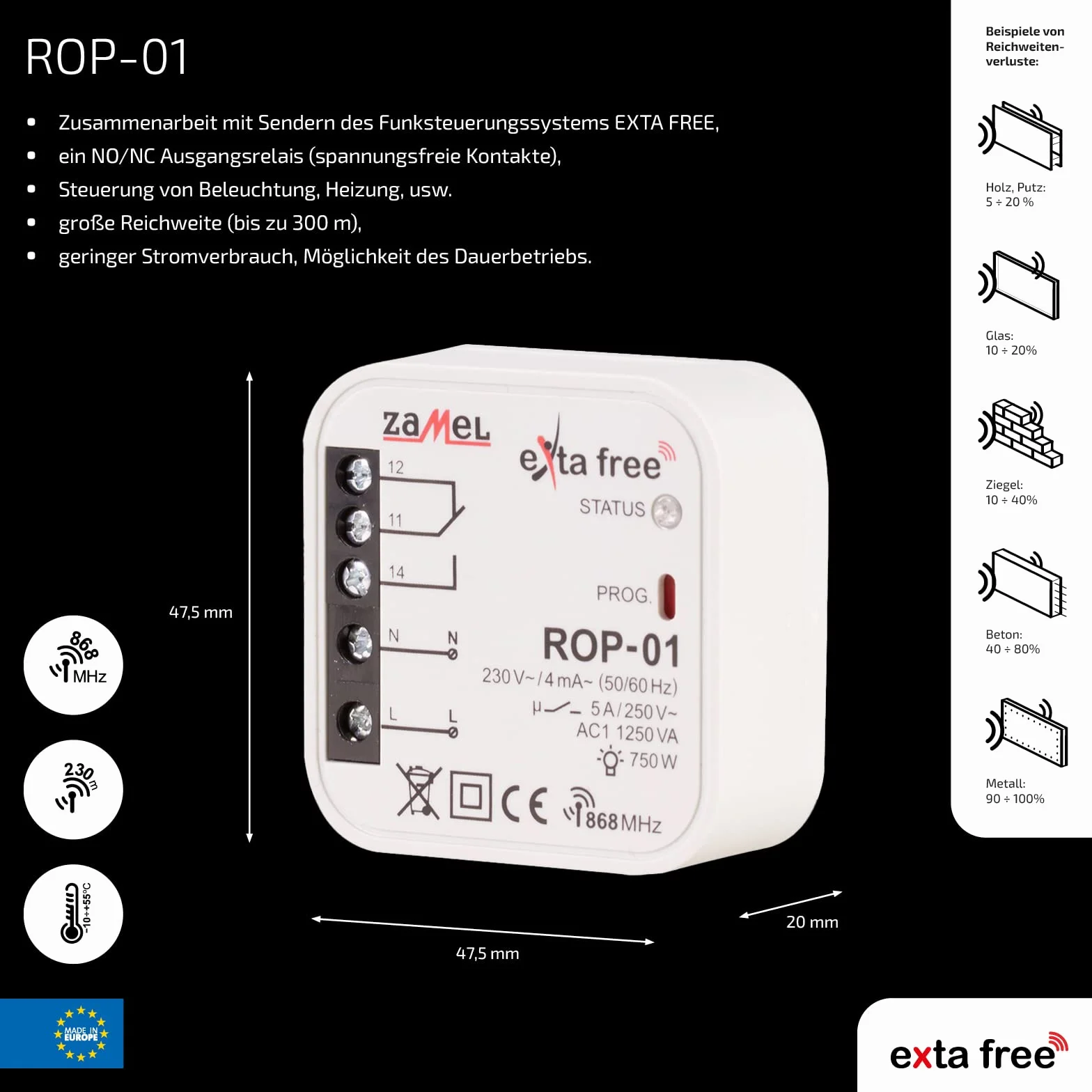 Exta Free Zamel Rop- 01 Ścienny Przekaźnik Radiowy, Biały, 4.75 x 4.75 x 2 cm