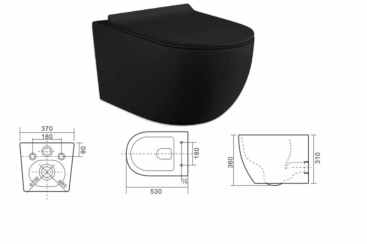 Kompletny zestaw WC bez krawędzi do montażu podtynkowego, podtynkowy, ceramiczny, podtynkowy, spłuczka podtynkowa, spłuczka ścienna, zestaw do WC biały/czarny (WC, czarny)