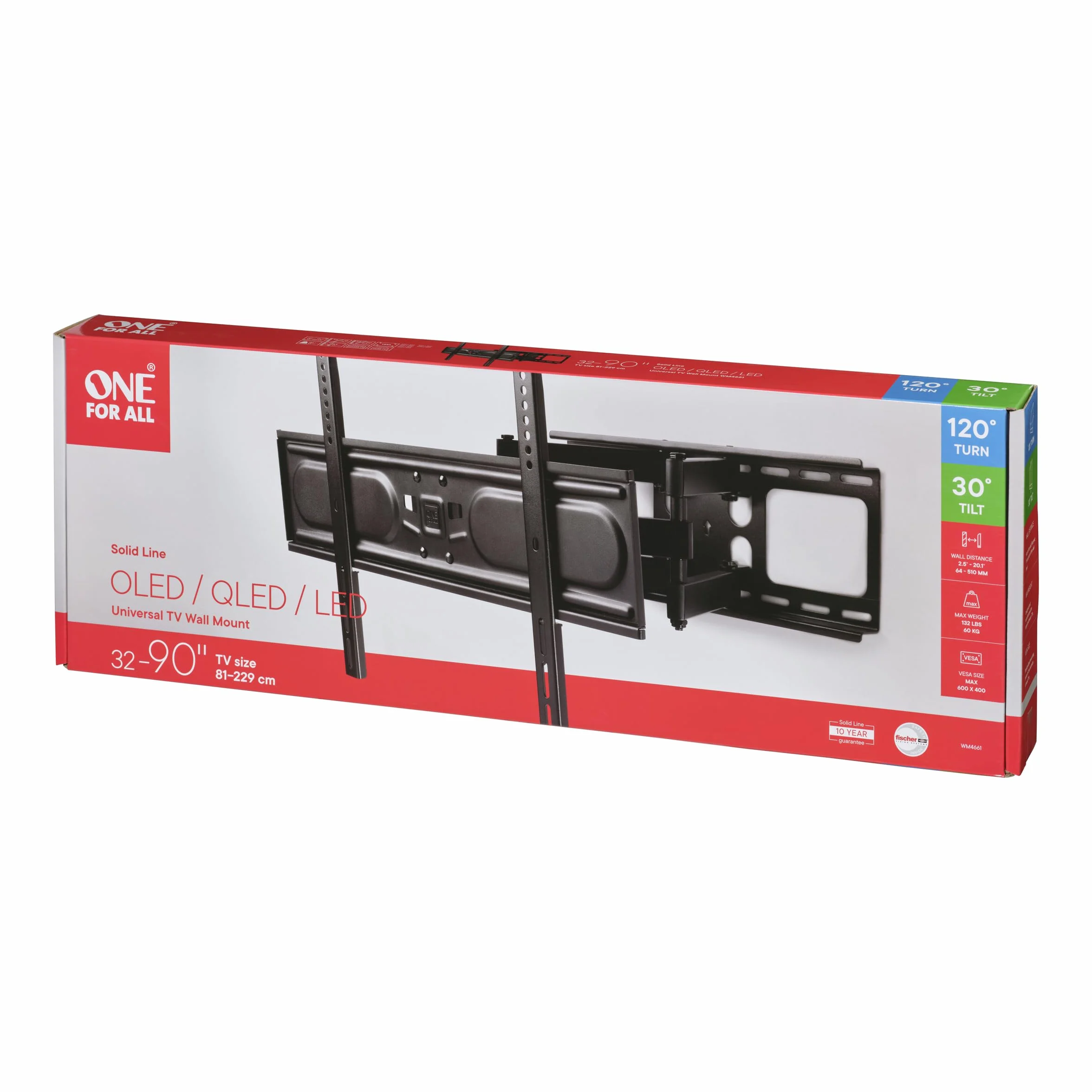 One For All WM4661 uchwyt do telewizora Full Motion – obrotowy (120°) nachylenie (15°) uchwyt ścienny – rozmiar ekranu 81 cm – maksymalna waga 60 kg – VESA 200 x 200 do 600 x 400 – bezpłatna aplikacja na narzędzia – czarny – WM4451