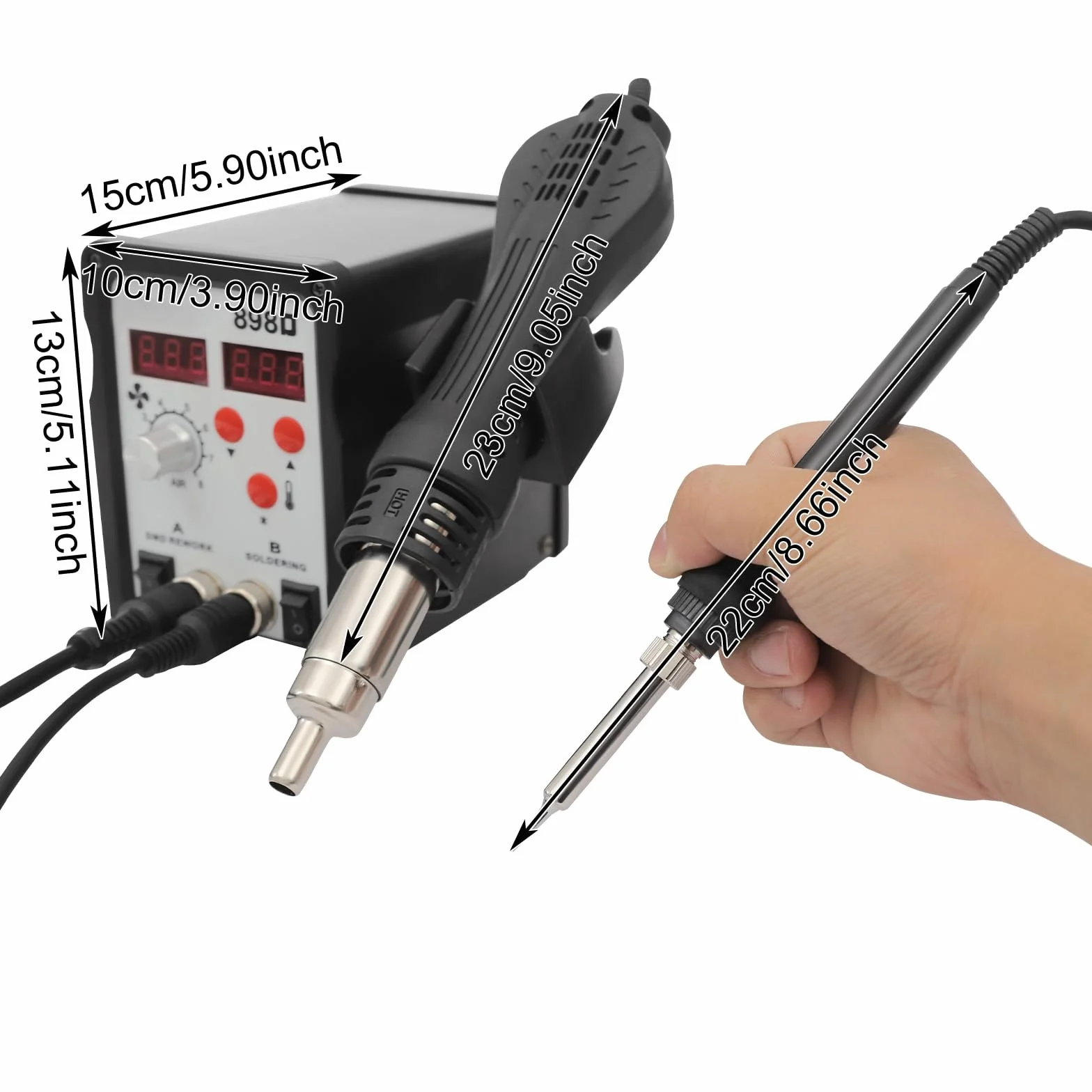 750W stacja lutownicza z pistoletem powietrznym i lutownicą, regulacja temperatury 200-480°C, 8 prędkości, wyświetlacz LED, do napraw elektronicznych