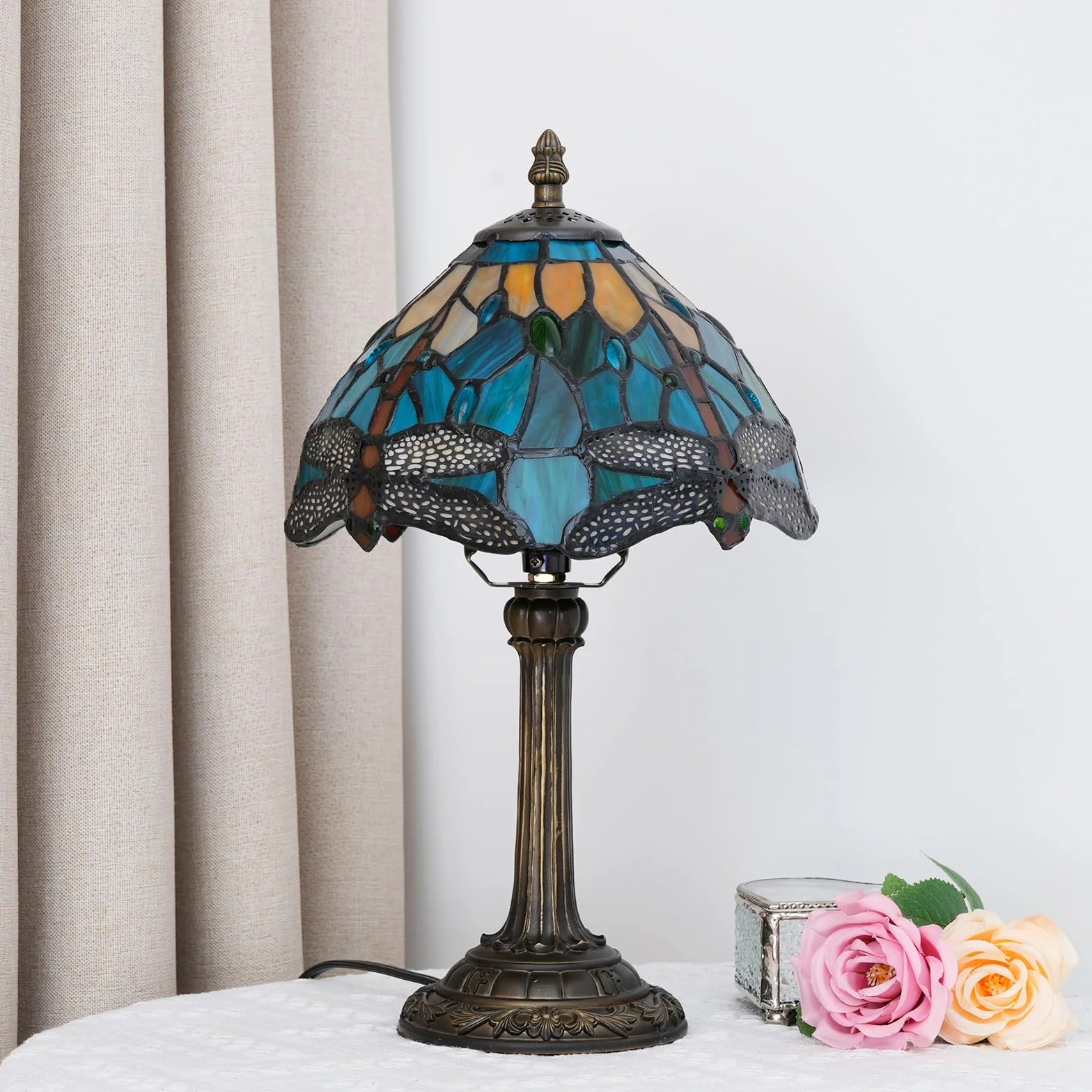 Tiffany lampa witrażowa ważka zielona sypialnia lampa stołowa lampka na biurko do czytania lampka na stolik nocny salon biuro akademik jadalnia dekoracja prezent 20 x 20 x 35 cm
