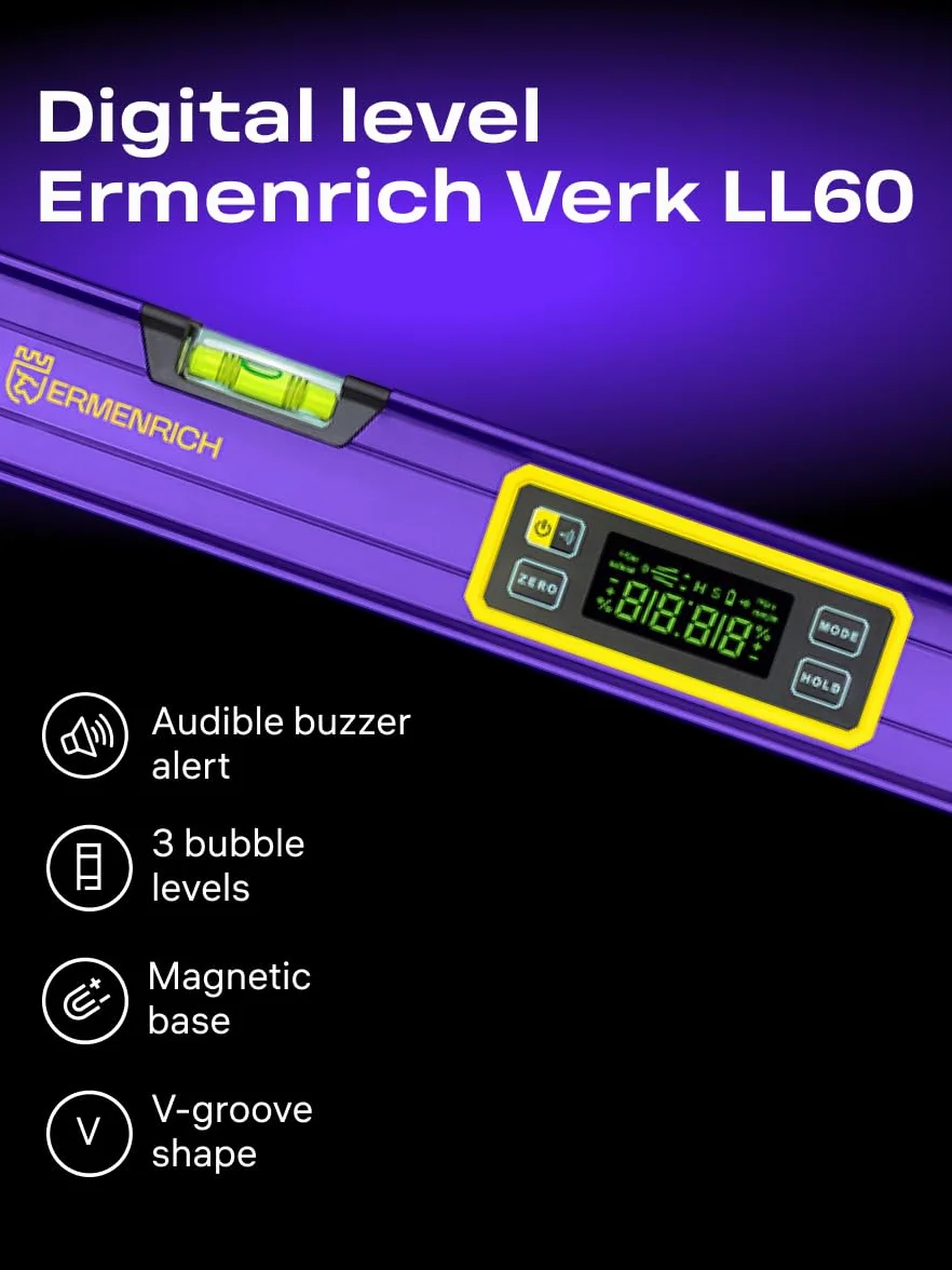 Verk LL60 Poziomica Cyfrowa LCD Inklinometr | Kątomierz 0–360° z 2 Libellami Poziomą/Pionową, Podstawa z Rowkiem V, IP54, Budowa, Remont, Dekoracja