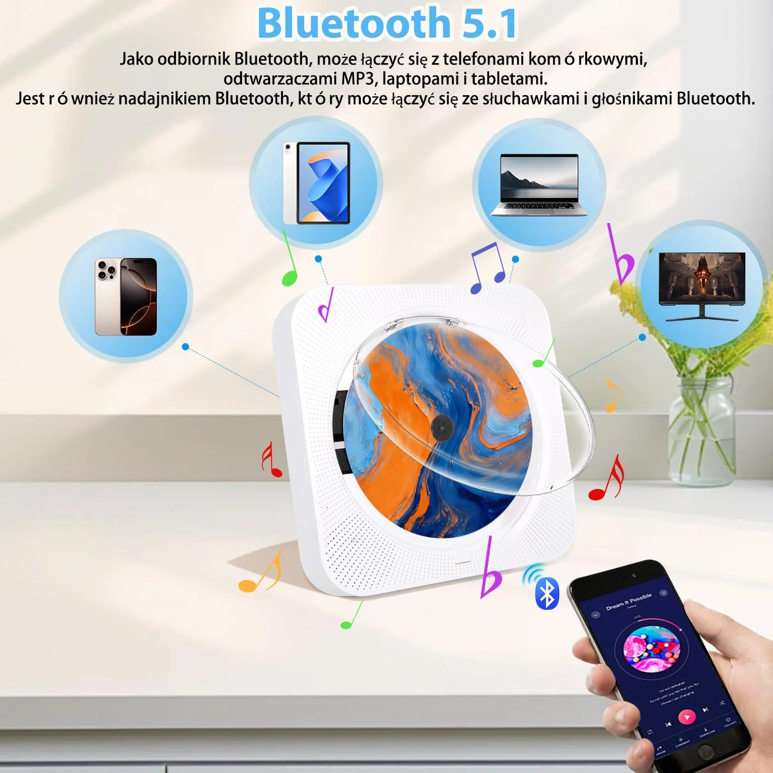 Przenośny Odtwarzacz CD Bluetooth 5.1 z Głośnikiem HiFi, Radio FM, Wyświetlacz LCD, AUX, USB, Zdalne Sterowanie (Biały)