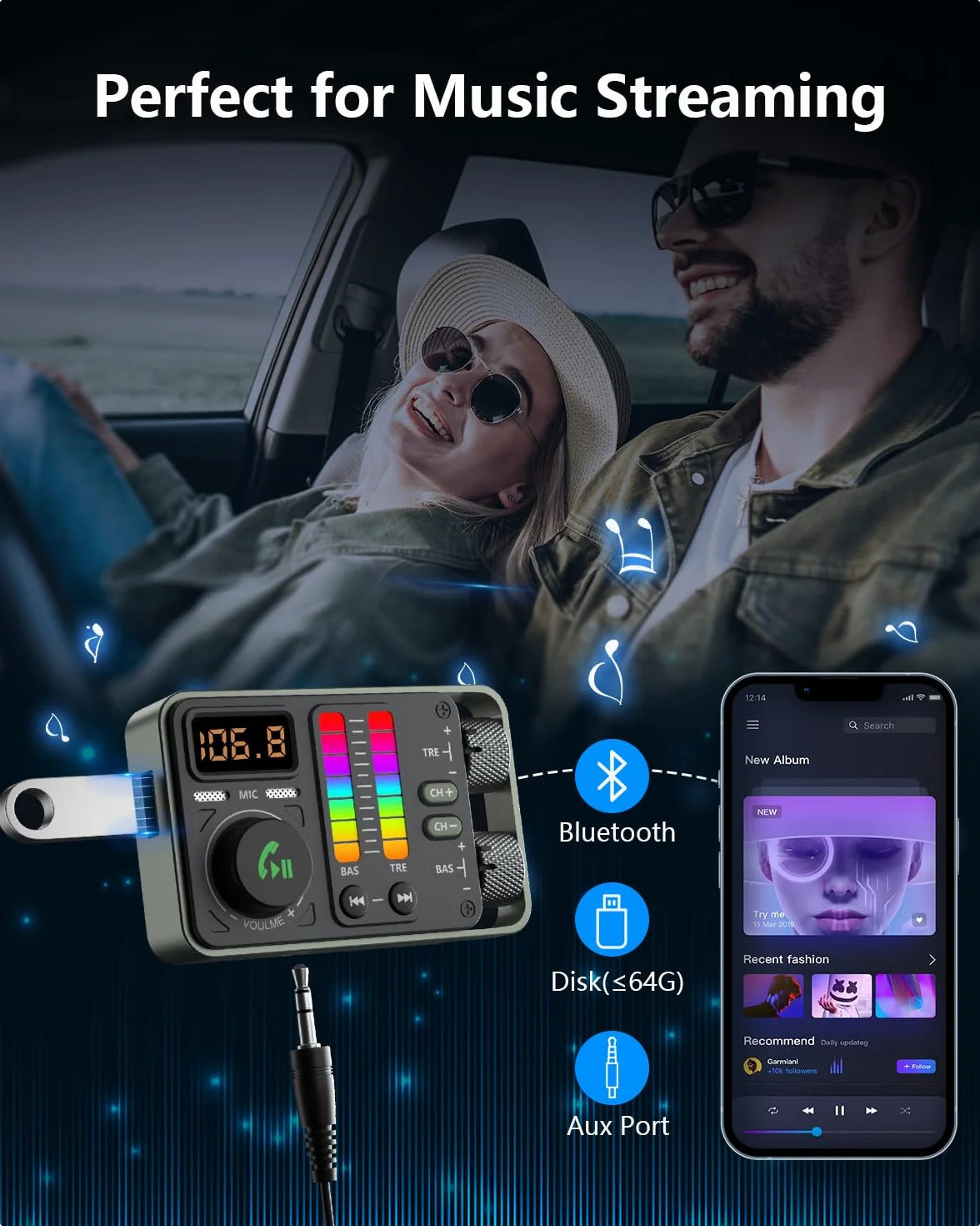 LENCENT 5.3 Samochodu Nadajnik FM Bluetooth, Adapter Bluetooth z Typ C PD 20W + 18W QC3.0, Podwójny Mikrofon, USB, AUX