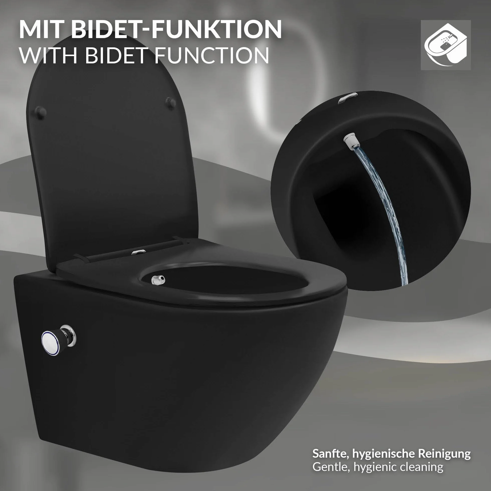 LuxeBath wiszaca muszla klozetowa bez rantu z funkcja bidetu czarna, gleboko splukiwana ceramiczna klozetowa, dluga 54 cm, natryskowa muszla klozetowa z nanopowloka, miekko zamykana deska klozetowa