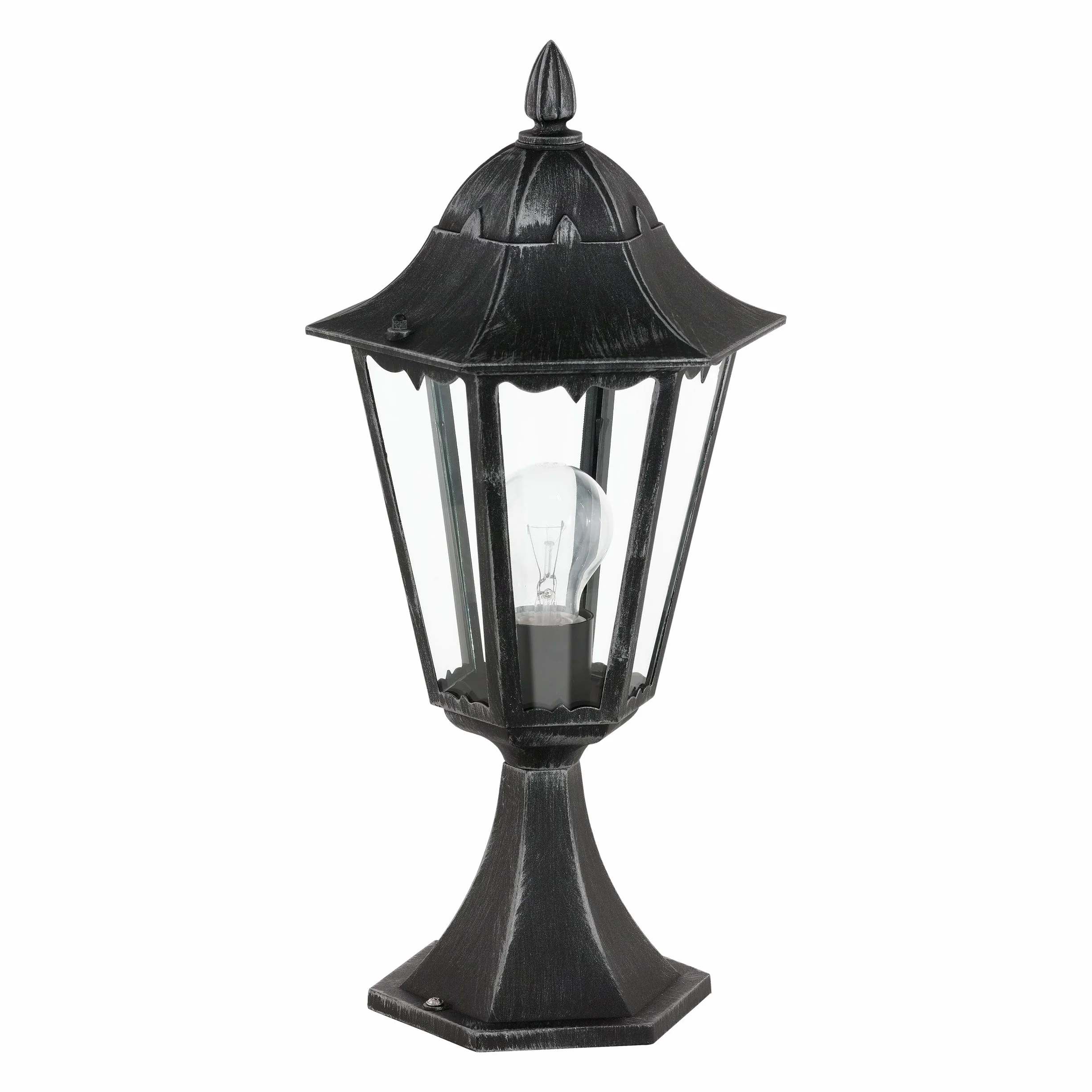 EGLO Navedo zewnętrzna lampa cokołowa Navedo, 1-punktowa lampa zewnętrzna, lampa cokołowa z odlewu aluminiowego w kolorze czarnym ze srebrną patyną i szkłem w kolorze przezroczystym, oprawka E27, IP44