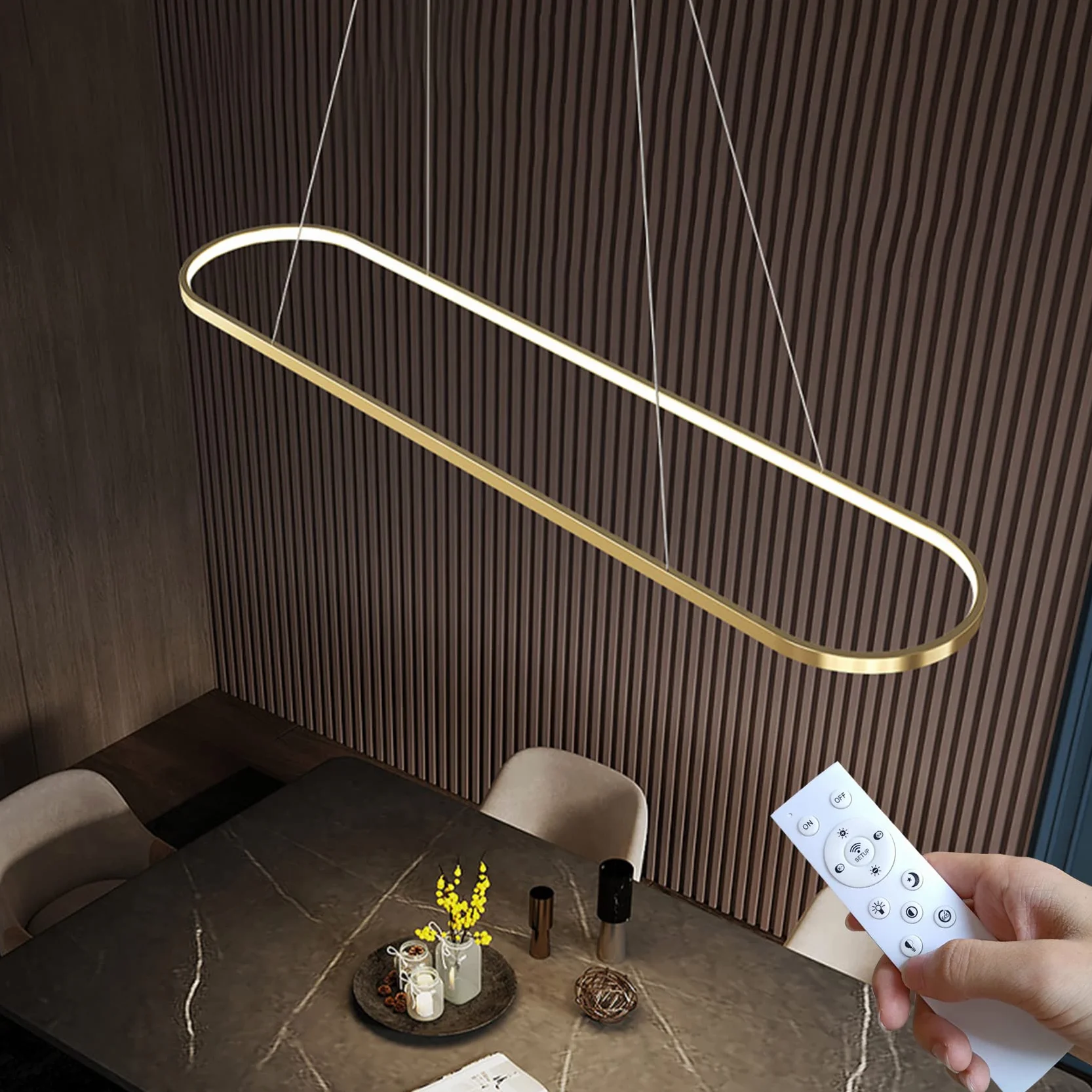 Lampa wisząca LED ściemnialna z pilotem Owalna 120CM Złoto do jadalni kuchni biura