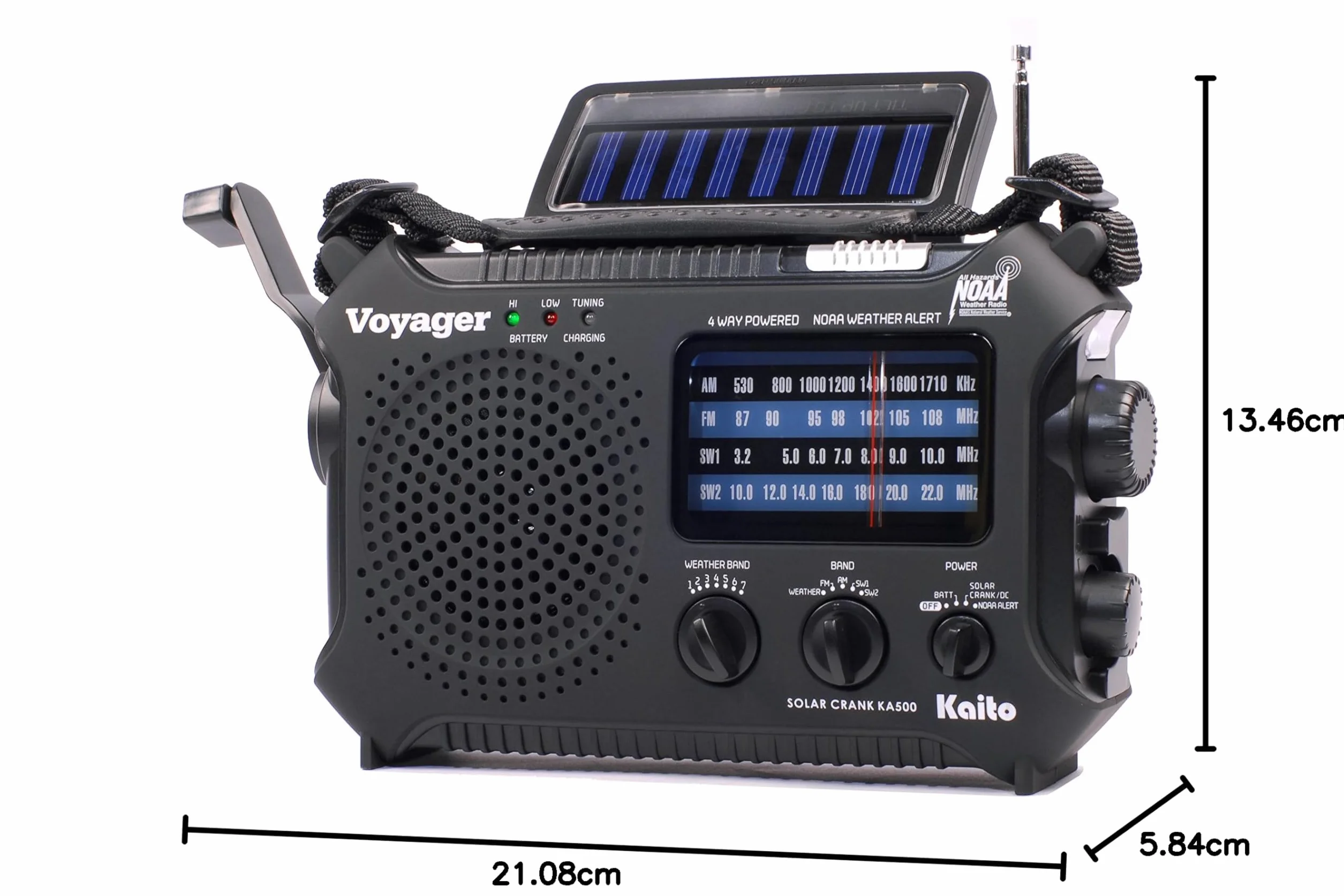 Kaito KA500 5-drożne zasilanie awaryjne AM/FM/SW NOAA radio z alarmem pogodowym z energią słoneczną, korbą dynamo, latarką i lampą do czytania, kolor czarny