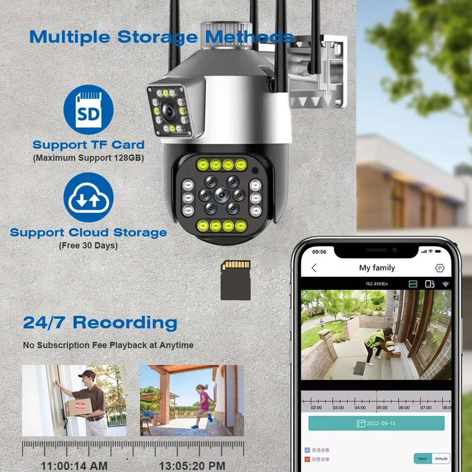Zewnętrzna bezprzewodowa kamera bezpieczeństwa IP 2K 4MP HD z podwójnym obiektywem, zewnętrzna PTZ Wi-Fi i automatycznym śledzeniem, do monitoringu ulicznego,Spokój ducha zawsze(Camera add 64G)