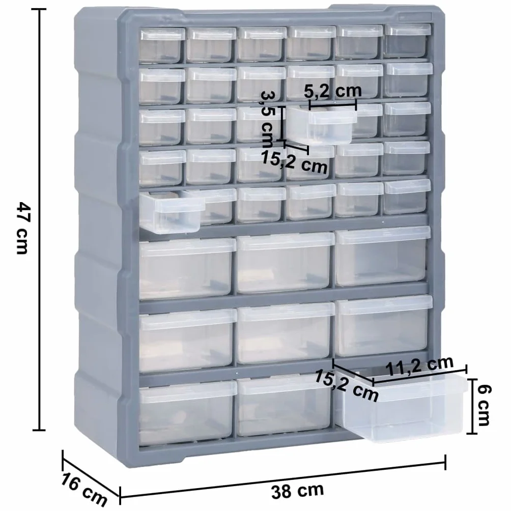 Wielofunkcyjny organizer do szuflad z 39 przezroczystymi szufladami 38 x 16 x 47 cm, skrzynka narzędziowa PP do warsztatu, garażu, porządne przechowywanie drobnych przedmiotów