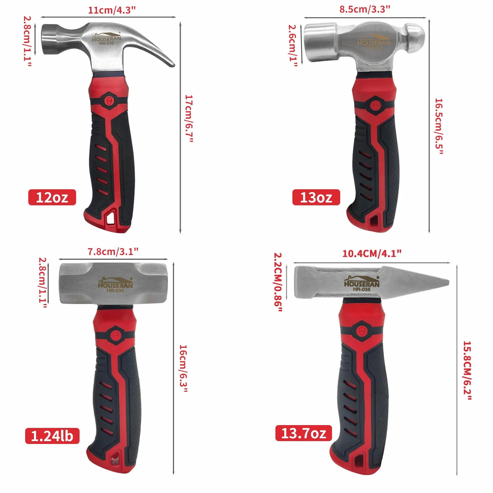 4-częściowy zestaw młotków – 376,8 g, pazur 341 g, mini sanki, 388 g młot kowalski