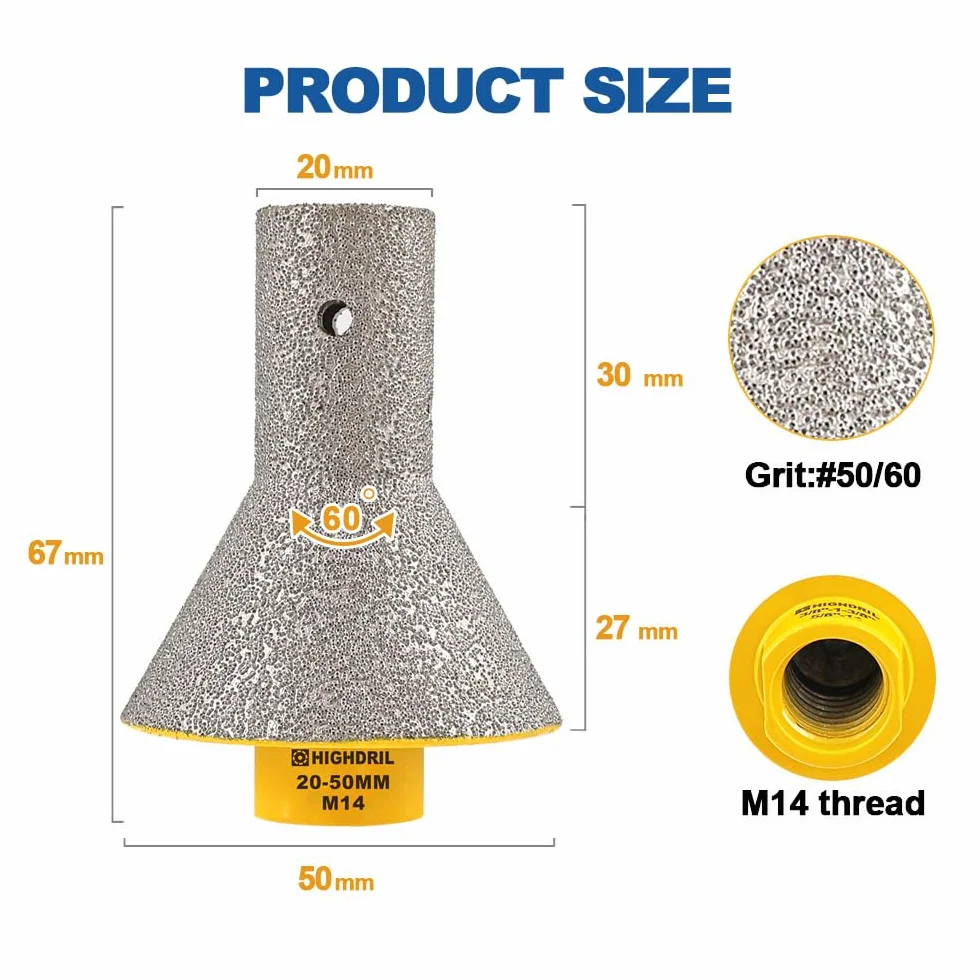 Diamentowe frezy do fazowania – 2 sztuki HIGHDRIL diamentowe frezy pogłębiające do powiększenia otworu 20-50 mm, przycinanie w porcelanie, ceramice, płytkach, granicie, marmurze, kwarcu (gwint M14)