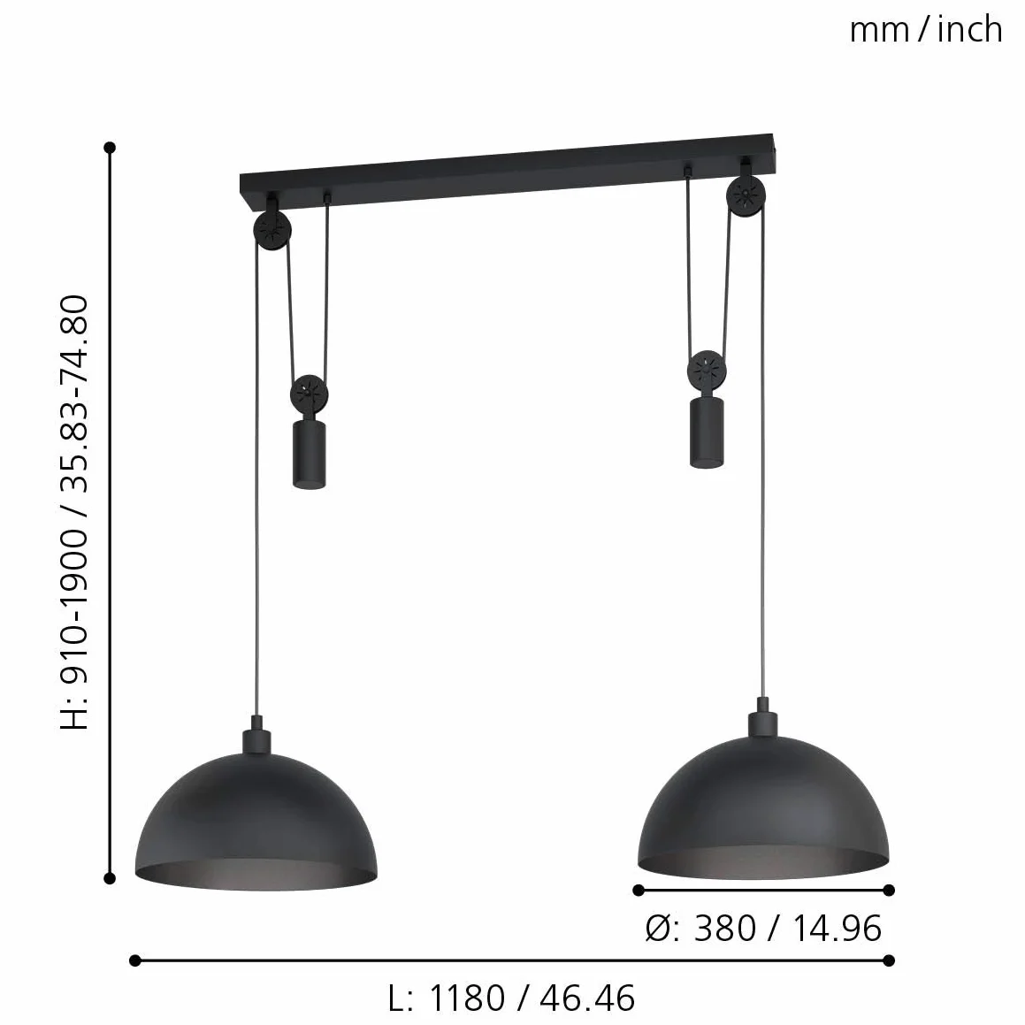 EGLO Lampa wisząca Winkworth 1 | 2-płomienna lampa vintage industrialna retro z czarnej stali, lampa nad stół do jadalni i salonu z oprawką E27