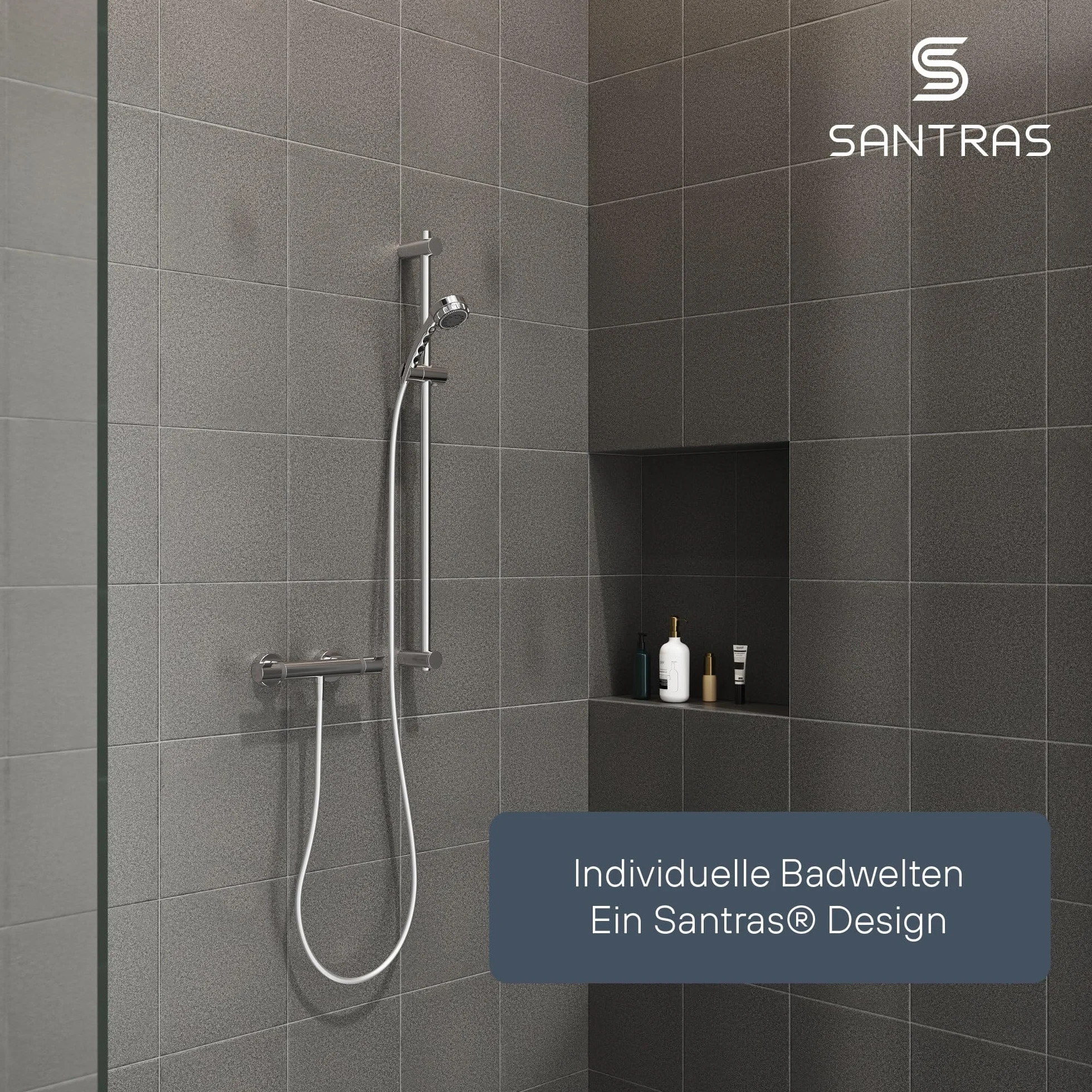 SANTRAS® Uniwersalny ślizgacz jako uchwyt na główkę prysznicową (ø 25 mm) w kolorze chromu - chromowany uchwyt na główkę prysznicową w łazience, obracany o 360°, wykonany z tworzywa sztucznego