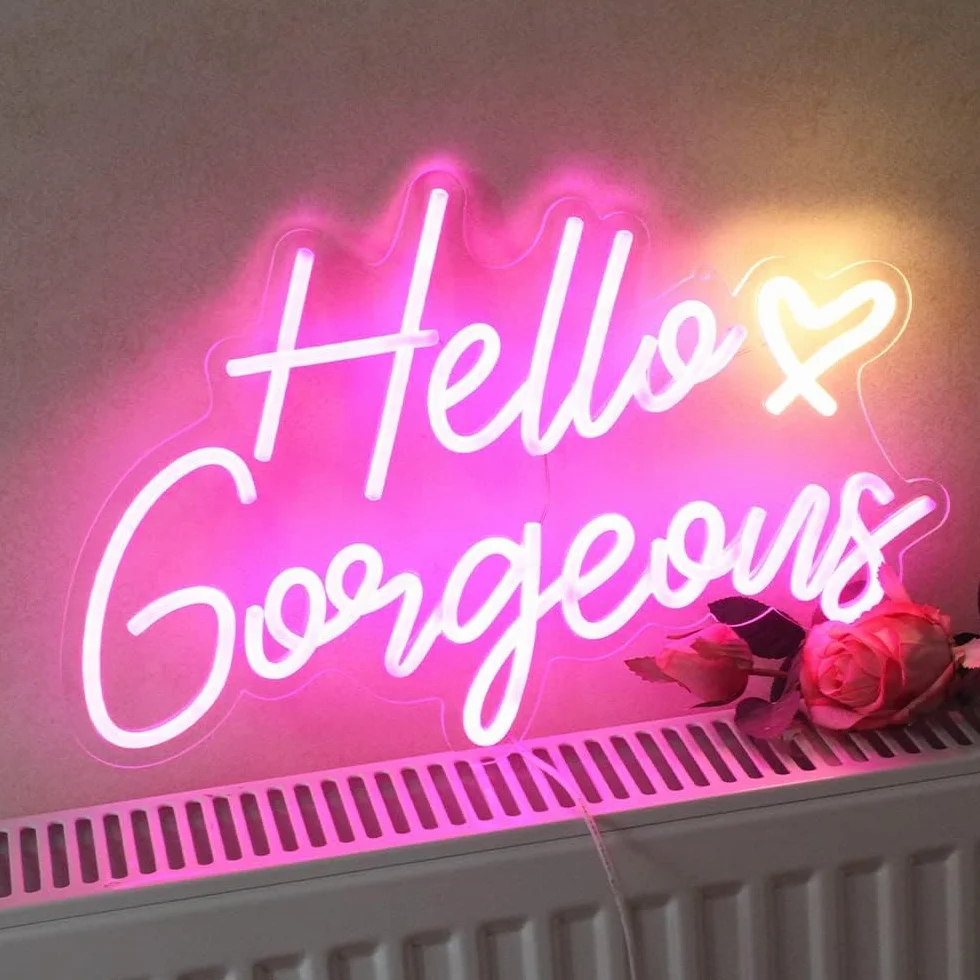 Hello Gorgeous neonowy znak Hello Beautiful różowy neonowe światła LED do domu, na ślub, urodziny, wieczór panieński, z przełącznikiem ściemnianym (5 V, 16,5 x 10,15 cm)