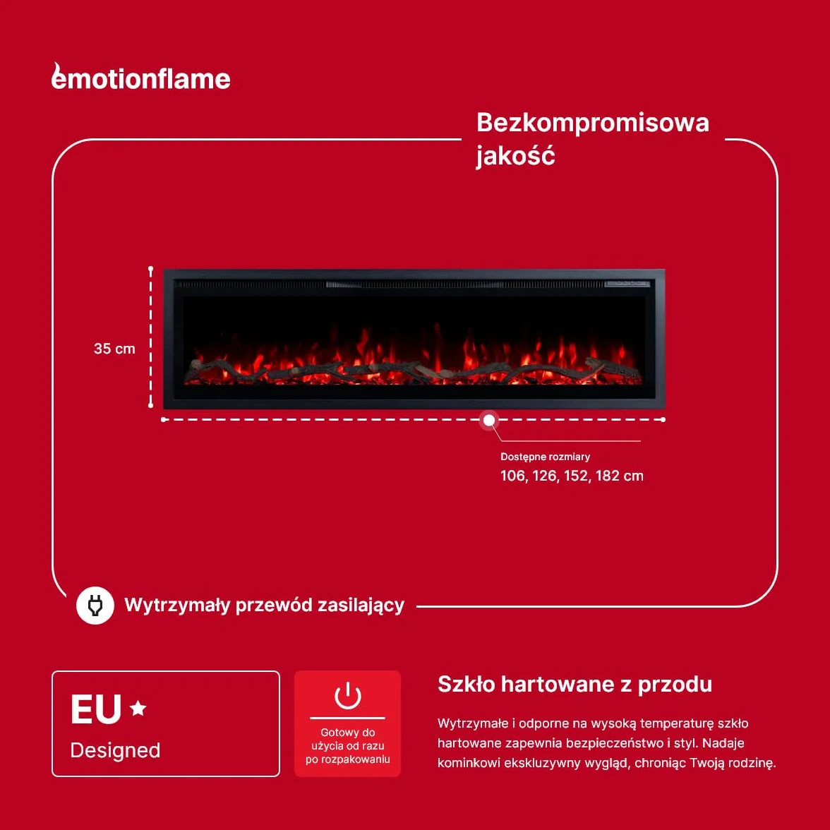 Kominek elektryczny Emotion Flame Regal 182 - ogień premium - na ścianę i do zabudowy - 182x35x12 cm - kominek LED z grzaniem 900/1800 W