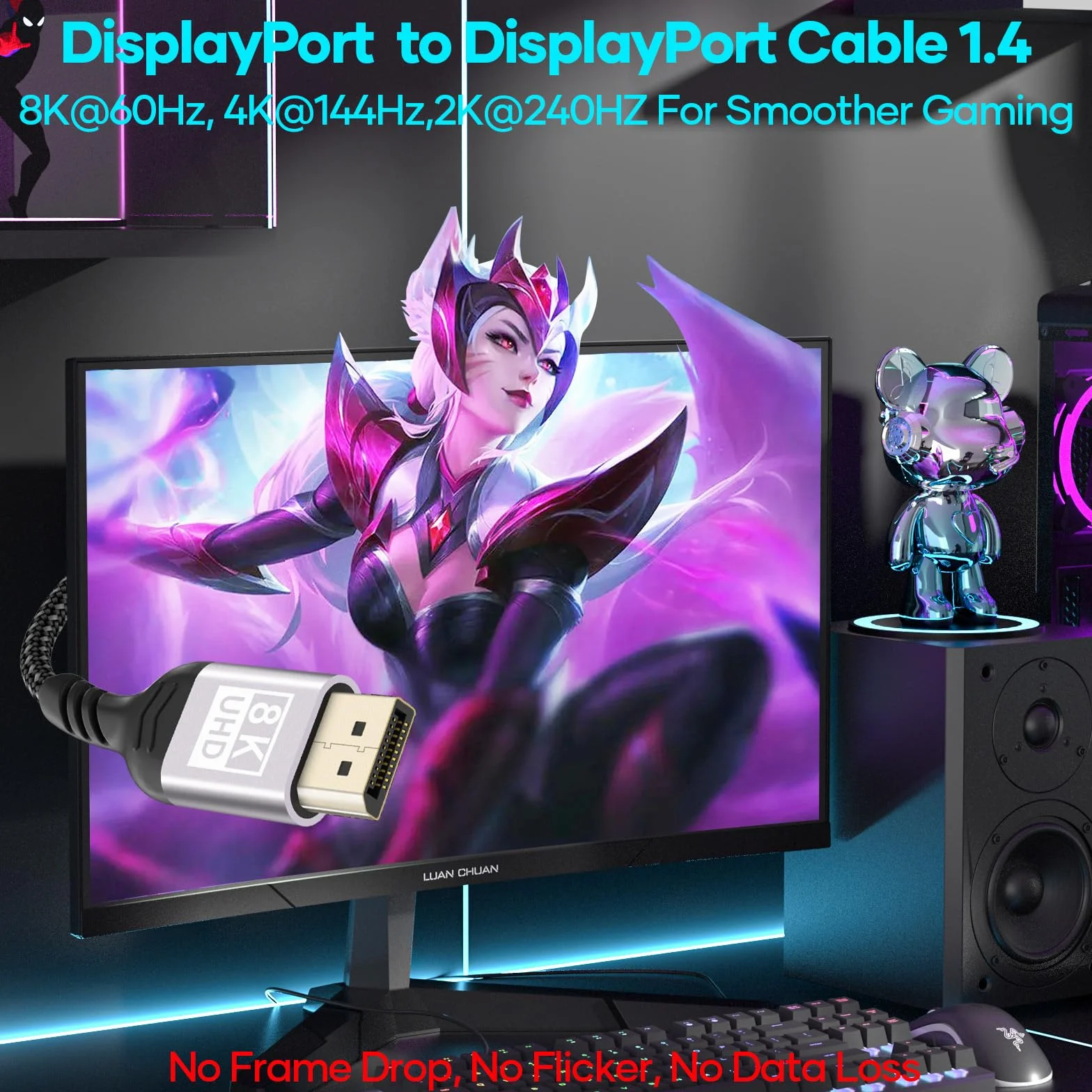 Kabel DisplayPort 1.4 5M, nylonowe złącza kabla DP wsparcie 8K przy 60 Hz, 4K przy 144 Hz / 120 Hz / 60 Hz / 2K przy 240 Hz / 165 HZ G-Sync i FreeSync / 32,4 Gbit/s/HDR10/HDCP2.2 DisplayPort-kabel do