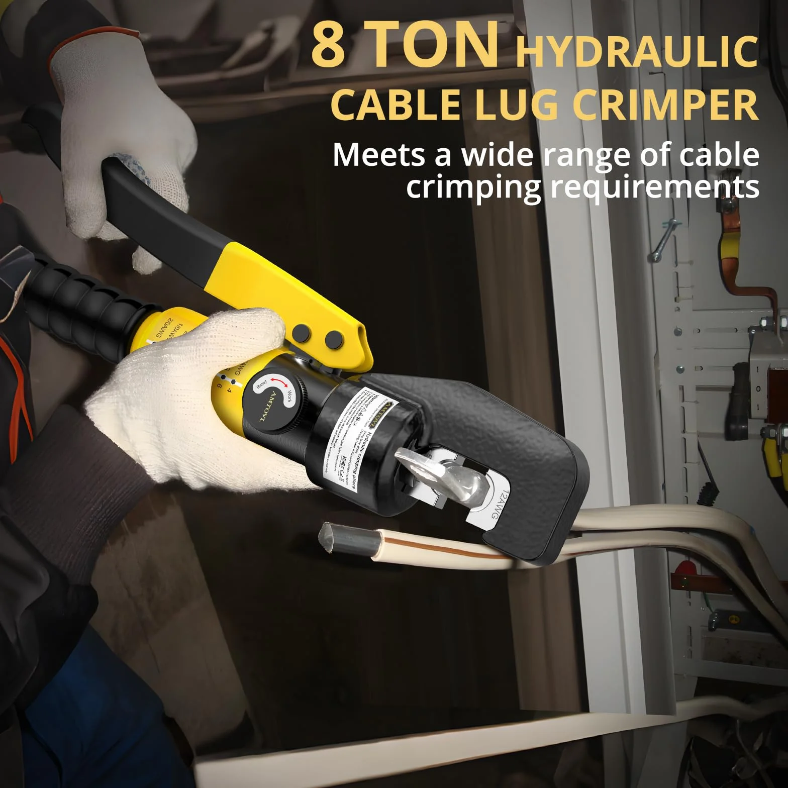 AMTOVL Hydrauliczne szczypce zaciskowe 8T z 9 szt. Model hydrauliczny 4-70 mm² Narzędzie do zaciskania kabli z szeroką głowicą 10 cali do zaciskania i cięcia końcówek kablowych