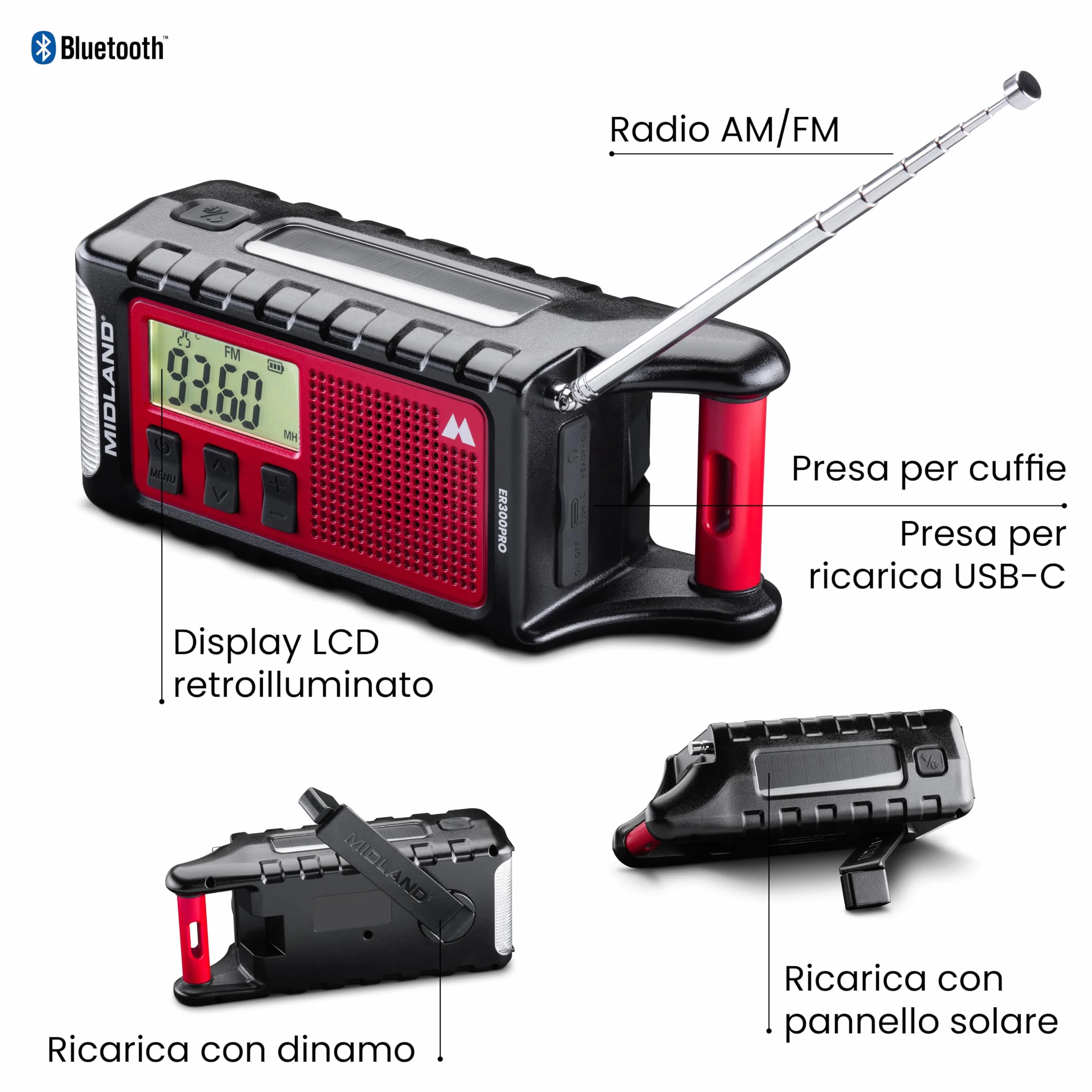 Midland ER300 Pro radio awaryjne AM/FM z baterią USB-C 10000 mAh Bluetooth