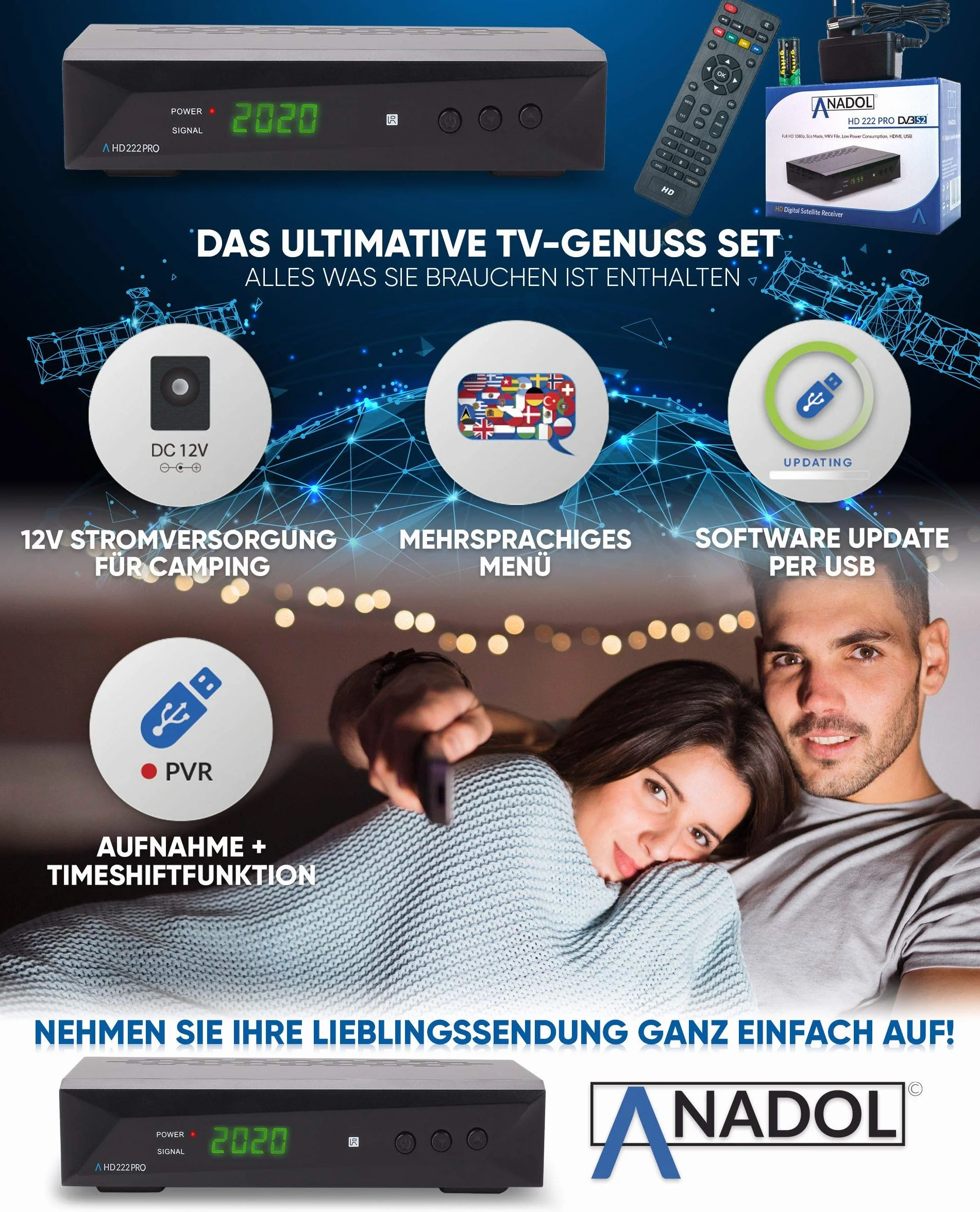 Anadol HD 222 Pro Odbiornik cyfrowy telewizji satelitarnej PVR 1080p HDTV DVB-S/S2 HDMI SCART USB