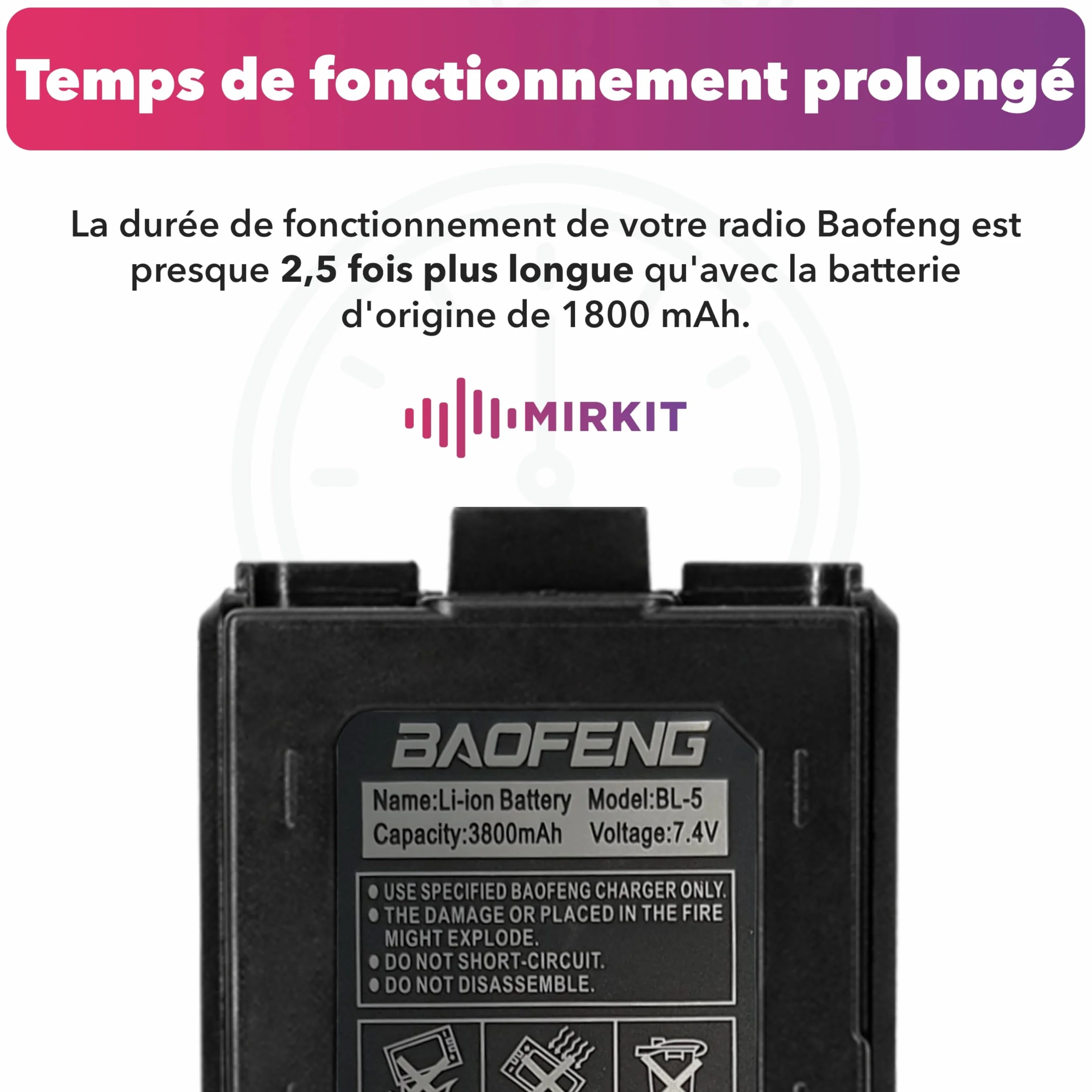 2 x Mirkit - BAOFENG UV-5R akumulator 3800 mAh - bateria kompatybilna z radiotelefonem Baofeng UV-5R Plus, Baofeng UV mk5, UV-mk5X3 / RD-5mk5/ UV-mk5TP / UV-5X3 - akcesoria do krótkofalówki Baofeng Walkie
