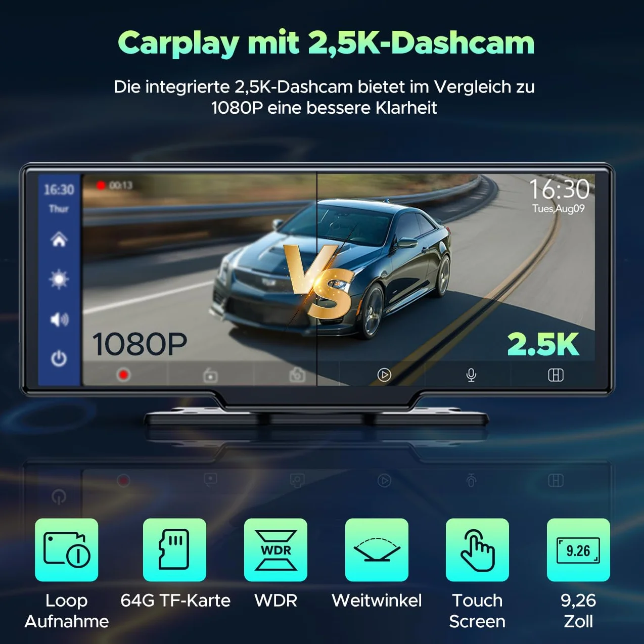 LAMTTO Bezprzewodowe radio samochodowe CarPlay Android 9,26" 2,5K+1080p kamera 64GB TF Bluetooth nawigacja Mirror Link Siri/G00gle AUX/FM