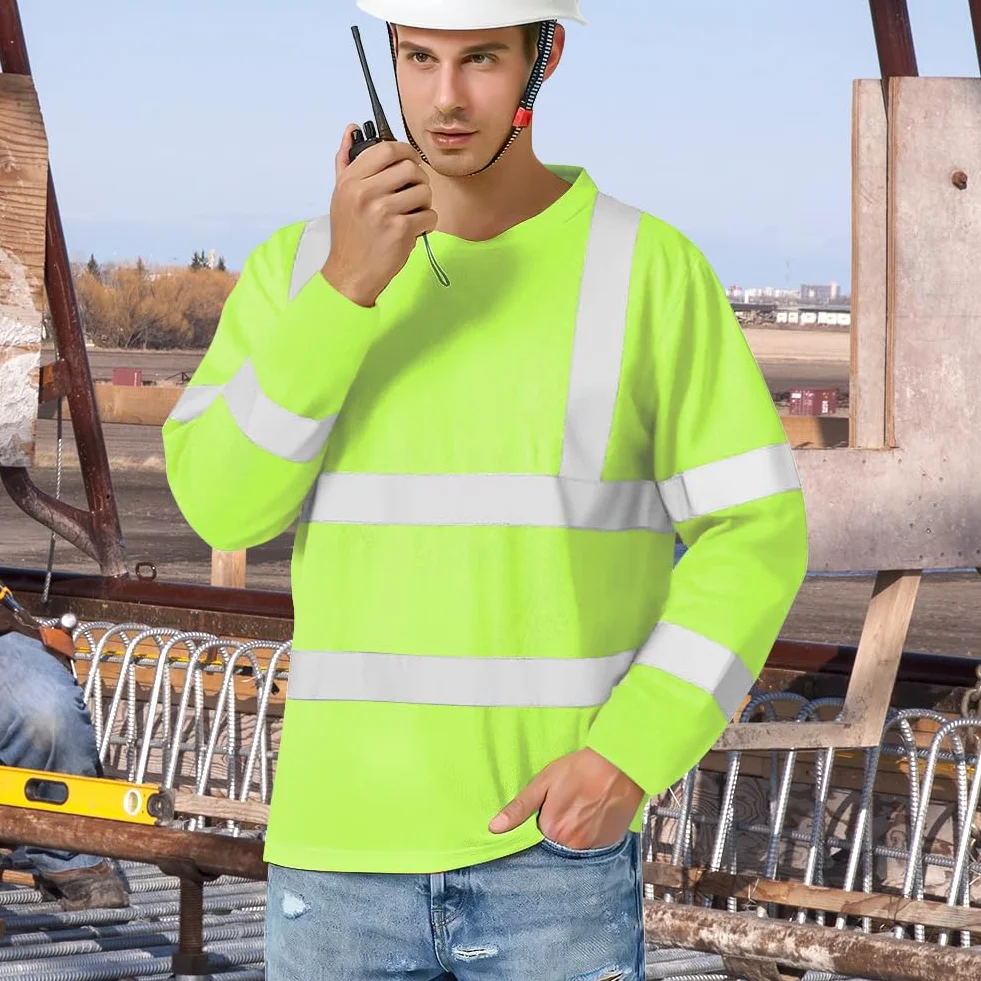 Koszulka z długim rękawem Hi Vis dla mężczyzn, męska bluza z okrągłym dekoltem, odblaskowa taśma zabezpieczająca okrągły dekolt, lekka odzież robocza i bezpieczna odzież robocza, sweter