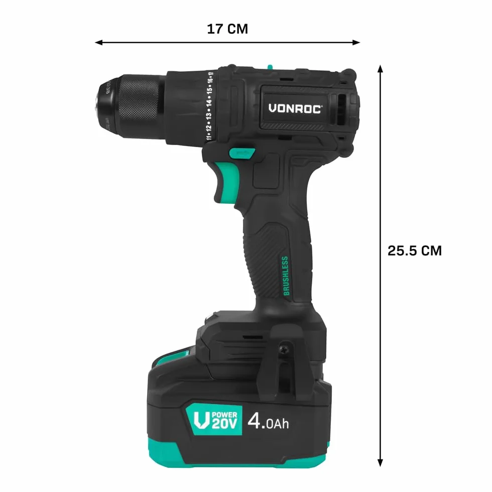 VONROC PRO Wiertarko-Wkrętarka Akumulatorowa 20V 40Nm Bezszczotkowa | 4.0Ah | 2 Biegi 0-1600 obr./min | Metalowy Uchwyt 10mm | 17+1 Ustawień | LED | VPower (aku 4.0Ah i ładowarka)