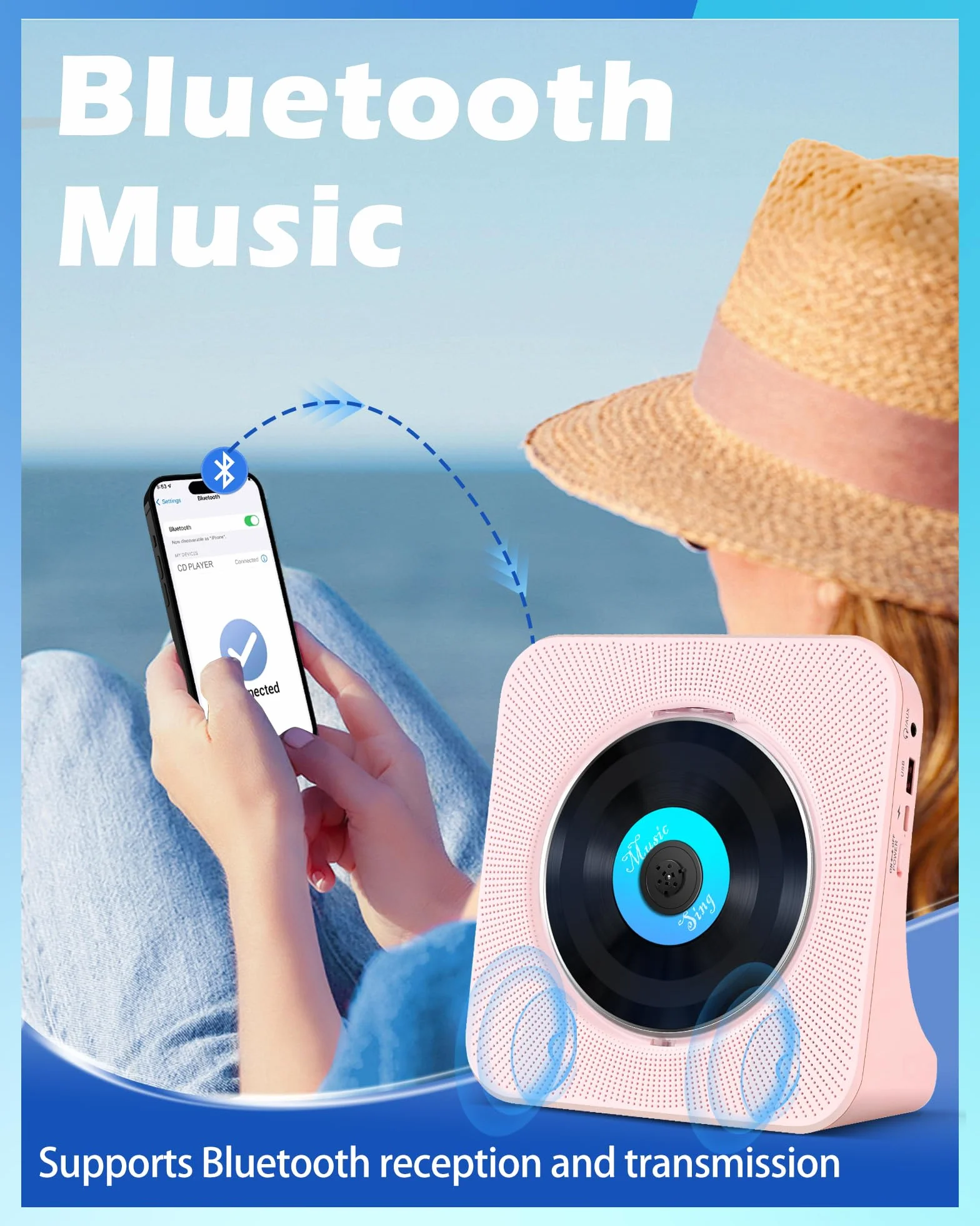 Przenośny odtwarzacz CD HIFI Bluetooth 4000 mAh pilot Sleep Timer radio FM USB