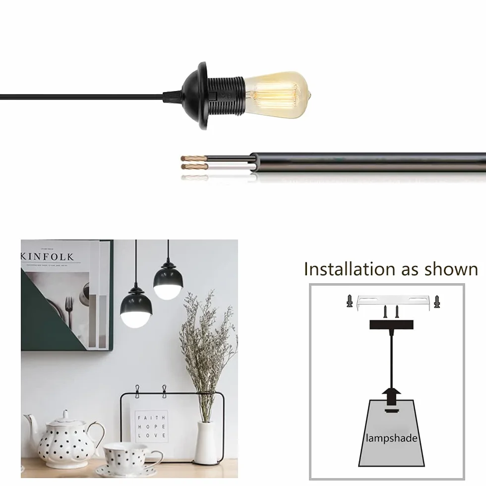 2 sztuki E27 Lampa wisząca z kablem 100 cm i uchwytem lampy do baru, kawiarni, sklepu, hotelu (czarna)