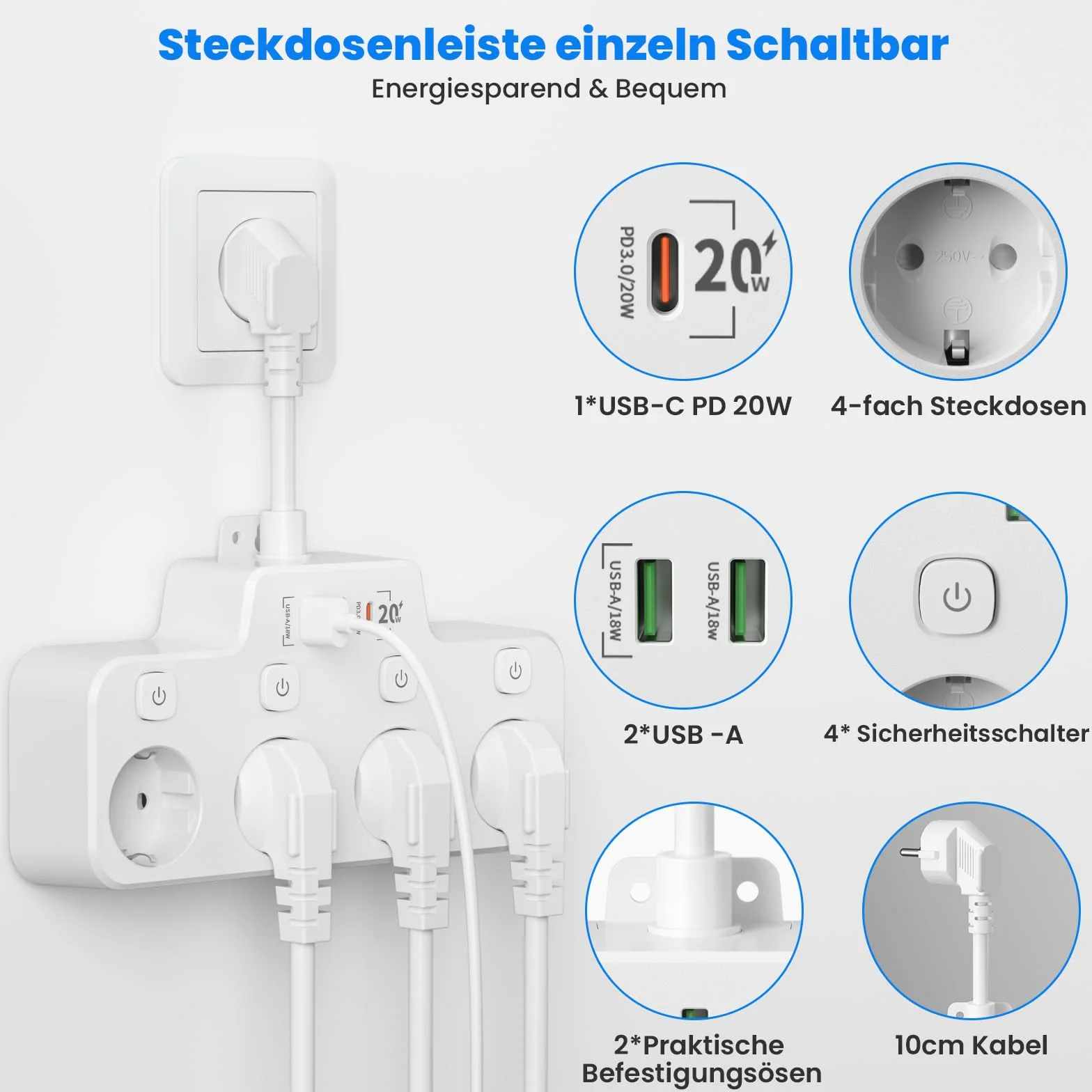 Listwa Zasilająca USB C PD 20W 4 Gniazda z Przełącznikiem Biały Kabel 0.15m