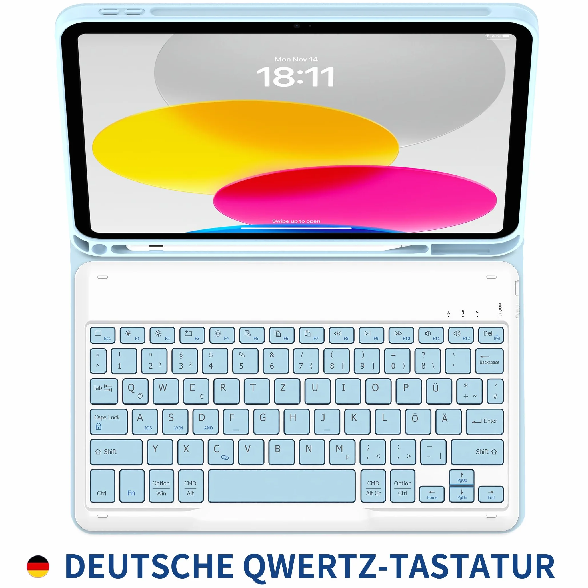 EasyAcc niemieckie etui na klawiaturę QWERTZ kompatybilne z iPad, Bluetooth, niebieskie
