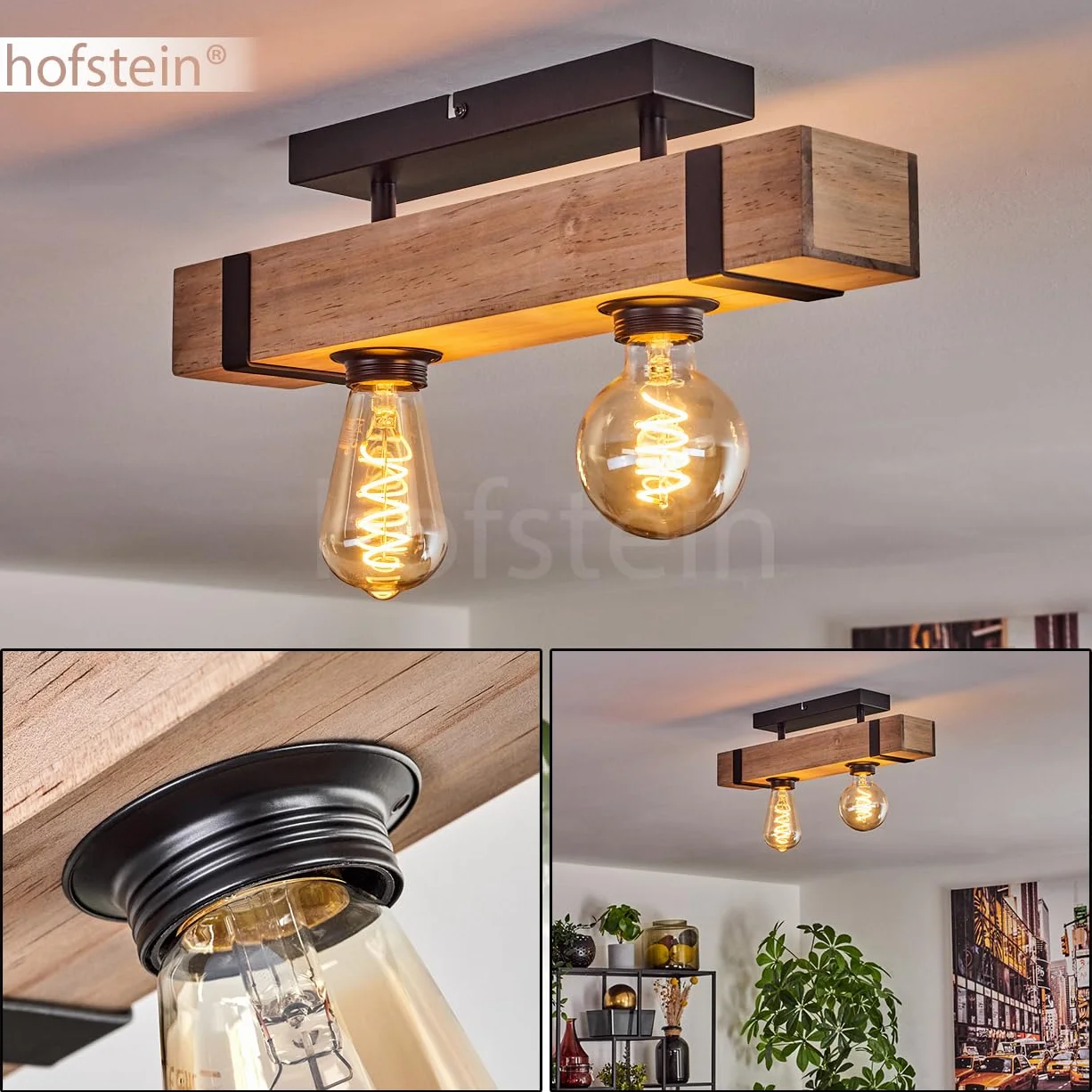Lampa sufitowa Montgomery, nowoczesna lampa sufitowa z metalu/drewna w kolorze czarnym/naturalnym, industrialny design z drewnianymi belkami, 2-żarówkowa, 2 x E27, bez żarówki