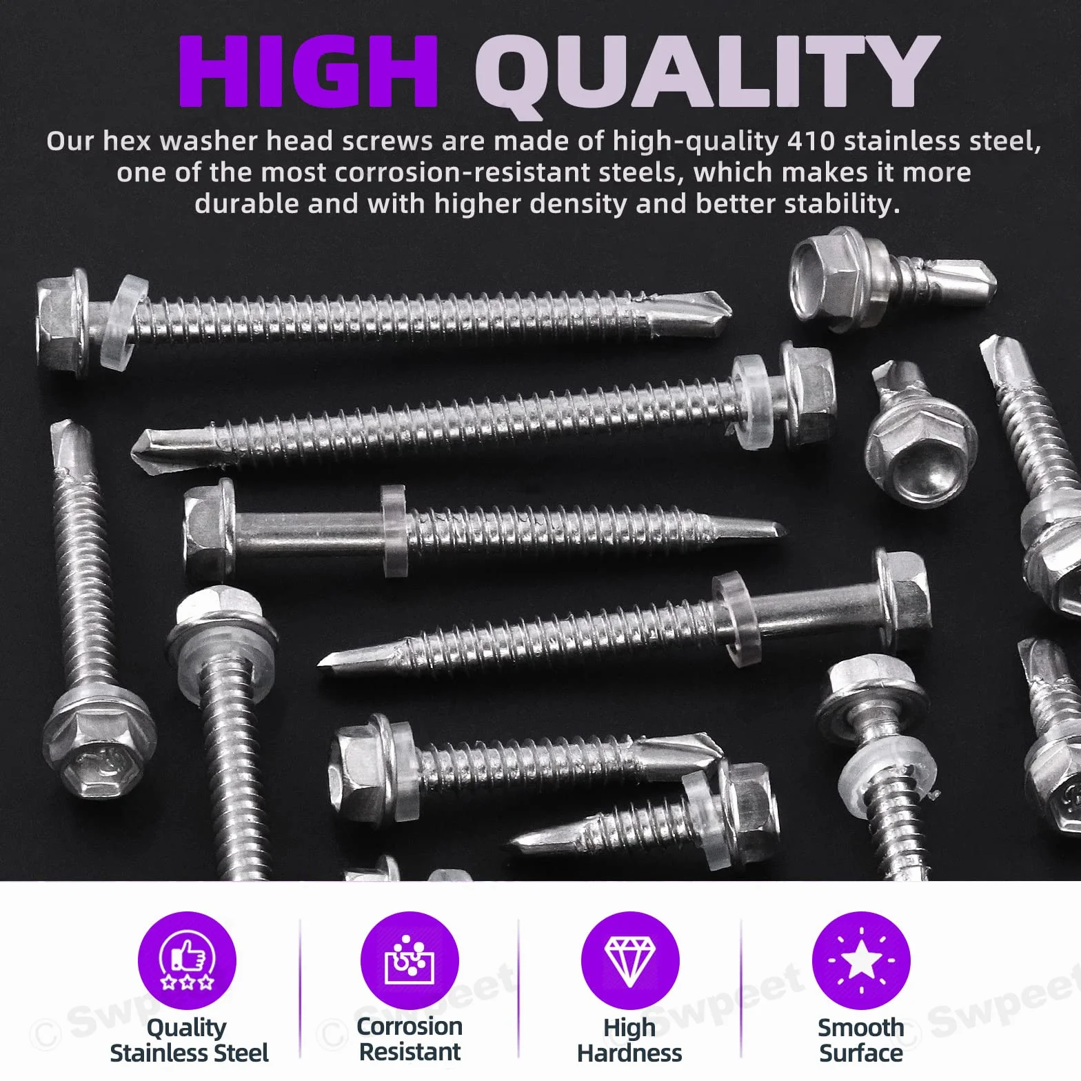 Swpeet 160 szt. 410 stal nierdzewna #14 Hex Washer Head wkręty samonocierające Asortyment zestaw wkrętów samogwintujących z łbem stożkowym wkręty samogwintujące anty-rdza metalowe zestaw śrub do metalu