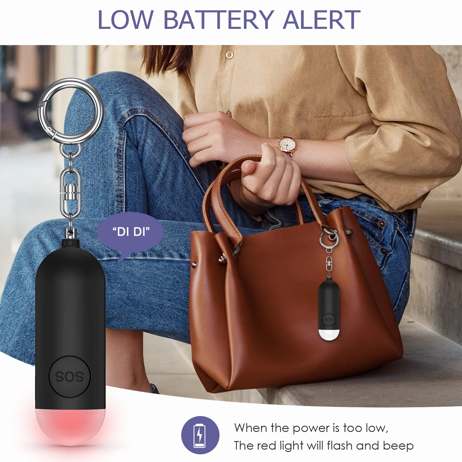 Osobisty alarm 130 dB, syrena ze stroboskopem LED, sygnał błyskowy LED, ładowany przez USB, breloczek do kluczy