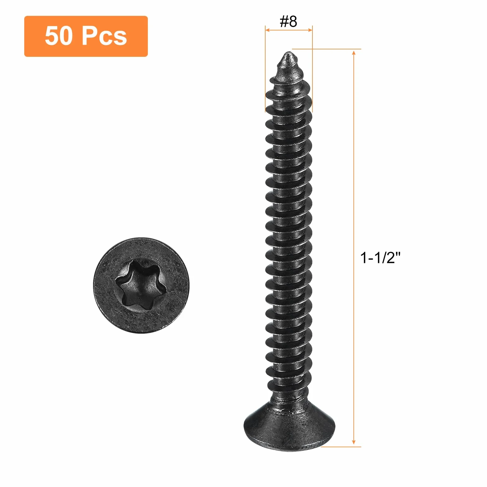 QUARKZMAN #8 x 1-1/2 cala wkręty do drewna Torx/gwiazda, 50 sztuk stali nierdzewnej 304, pełny gwint, powlekane na czarno, wkręty samogwintujące pasują do bitów T20 do drewna, miękkiego metalu
