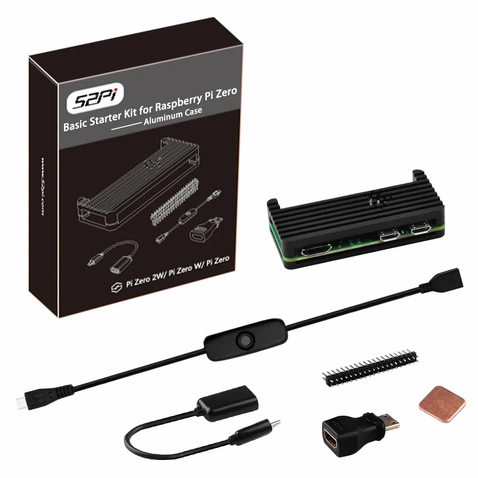 GeeekPi Case Kit dla Raspberry Pi Zero 2 W/Zero W, z RPi Zero 2 W obudową aluminiową, złączem GPIO 20-pinowym, adapterem Micro USB do OTG, kablem HDMI, RPi Zero radiatorem, kablem przełącznika ON/OFF