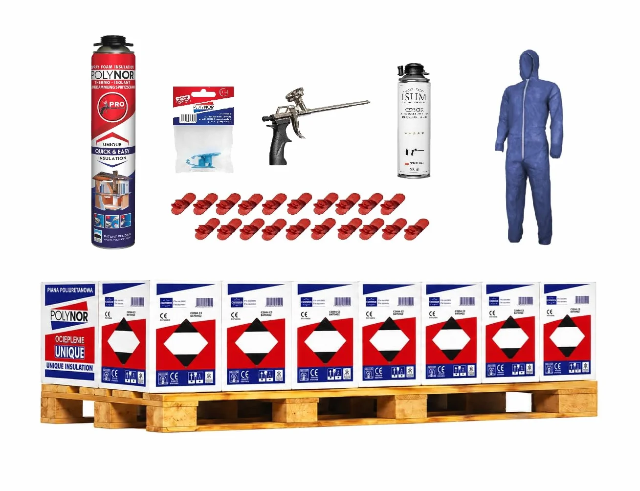 POLYNOR Izolacja Cieplna PUR w Puszce PRO - Pełny Zestaw - 168 Pianek - Pistolet do piany - Natryskowa Izolacja Termiczna - Izolacja Ścian, Dachów, Sufitów, Rur - Aerozol 750 ml