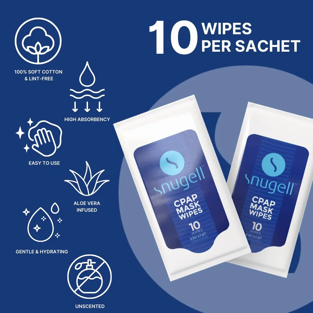 CPAP Maskenwischtücher 12 Reisepackungen von Snugell | 12 wiederverschließbare Beutel mit je 10 Blatt | geruchlos 100% weiche Baumwolle | hautfreundlich mit Aloe Vera | schnell & einfach zu öffnende Beutel | saubere CPAP-Maske und Geräte |
