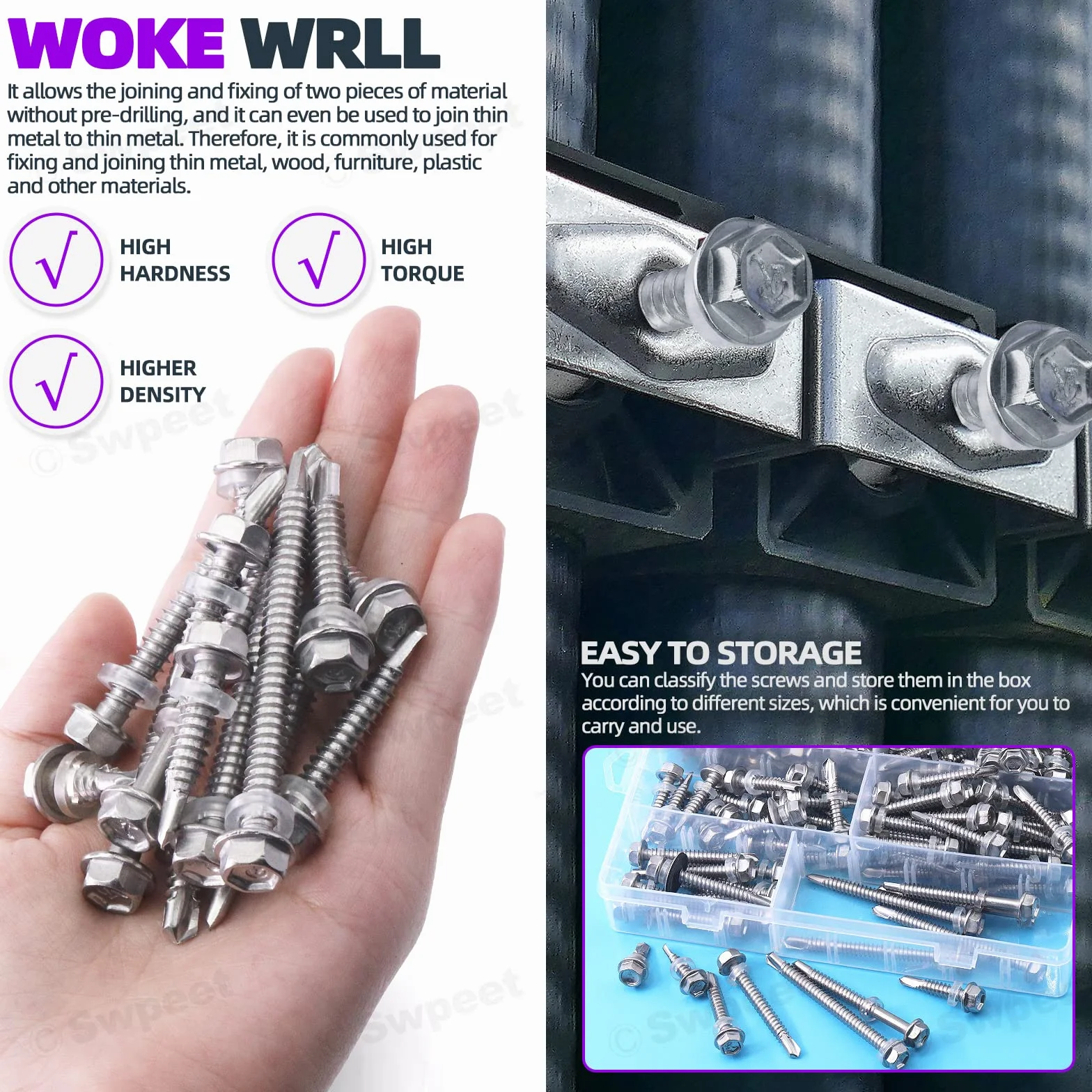 Swpeet 160 szt. 410 stal nierdzewna #14 Hex Washer Head wkręty samonocierające Asortyment zestaw wkrętów samogwintujących z łbem stożkowym wkręty samogwintujące anty-rdza metalowe zestaw śrub do metalu