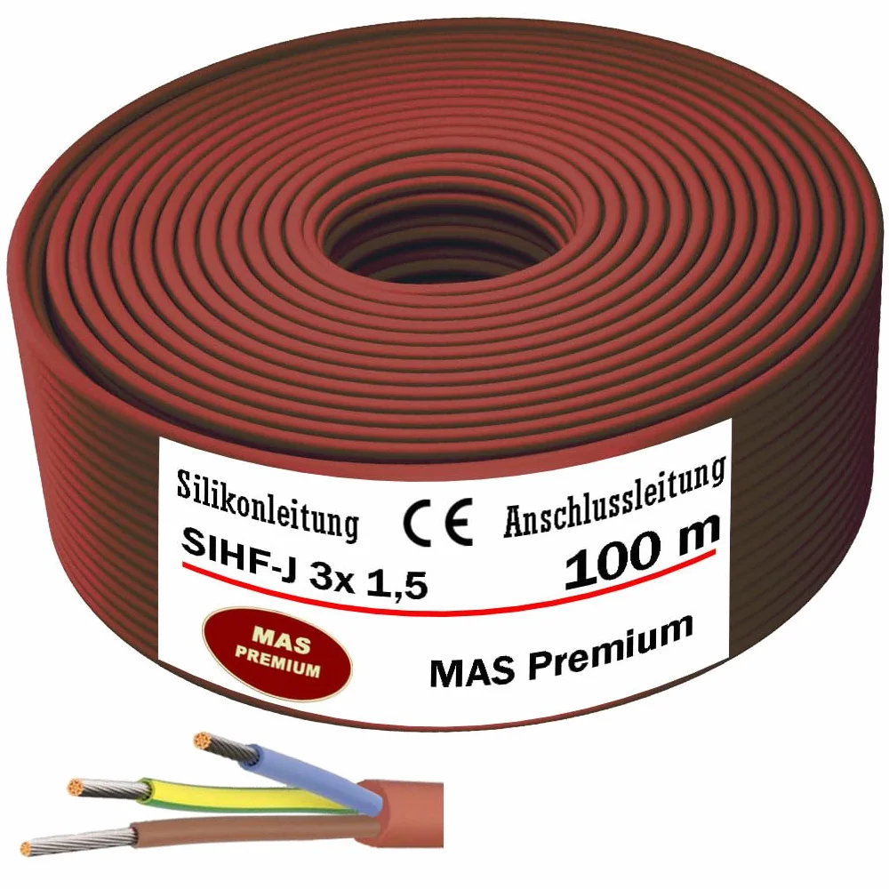 MAS Premium SIHF-J silikonowy kabel przyłączeniowy, 5-250 m, przewód silikonowy, 3 x 1,5 drobno drutowy, elastyczny do urządzeń o wysokiej temperaturze (100 m)