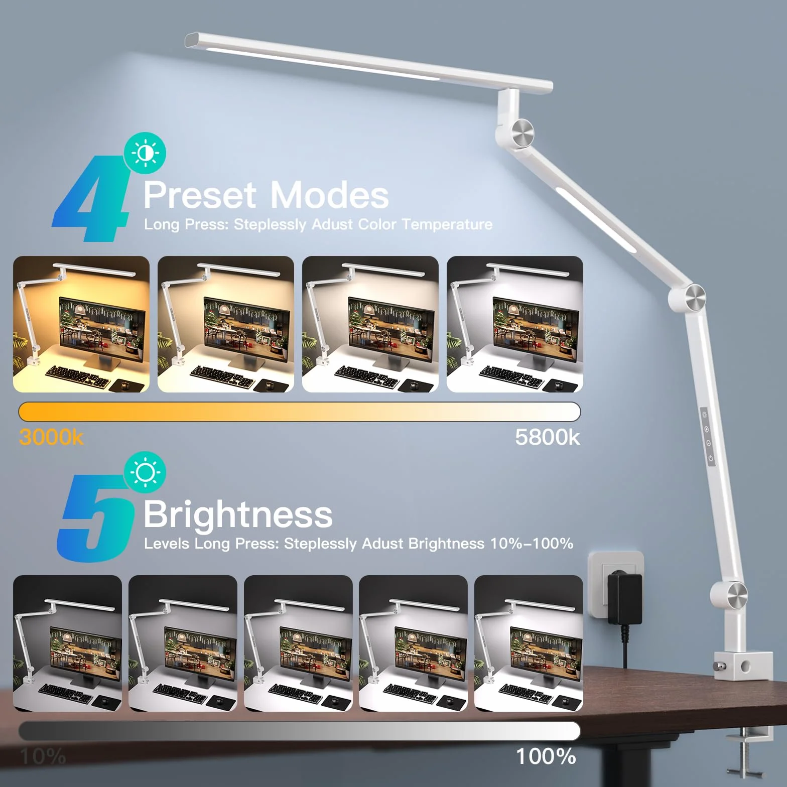 VERSKI Schreibtischlamp LED, ściemniacz 18 W Doppelte Lichtquelle Schreibtischlampe do użytku domowego, listwa zaciskowa Augenschutz Tageslichtz, 5 Farbtemperaturen i Helligkeit Einstellbare Büro