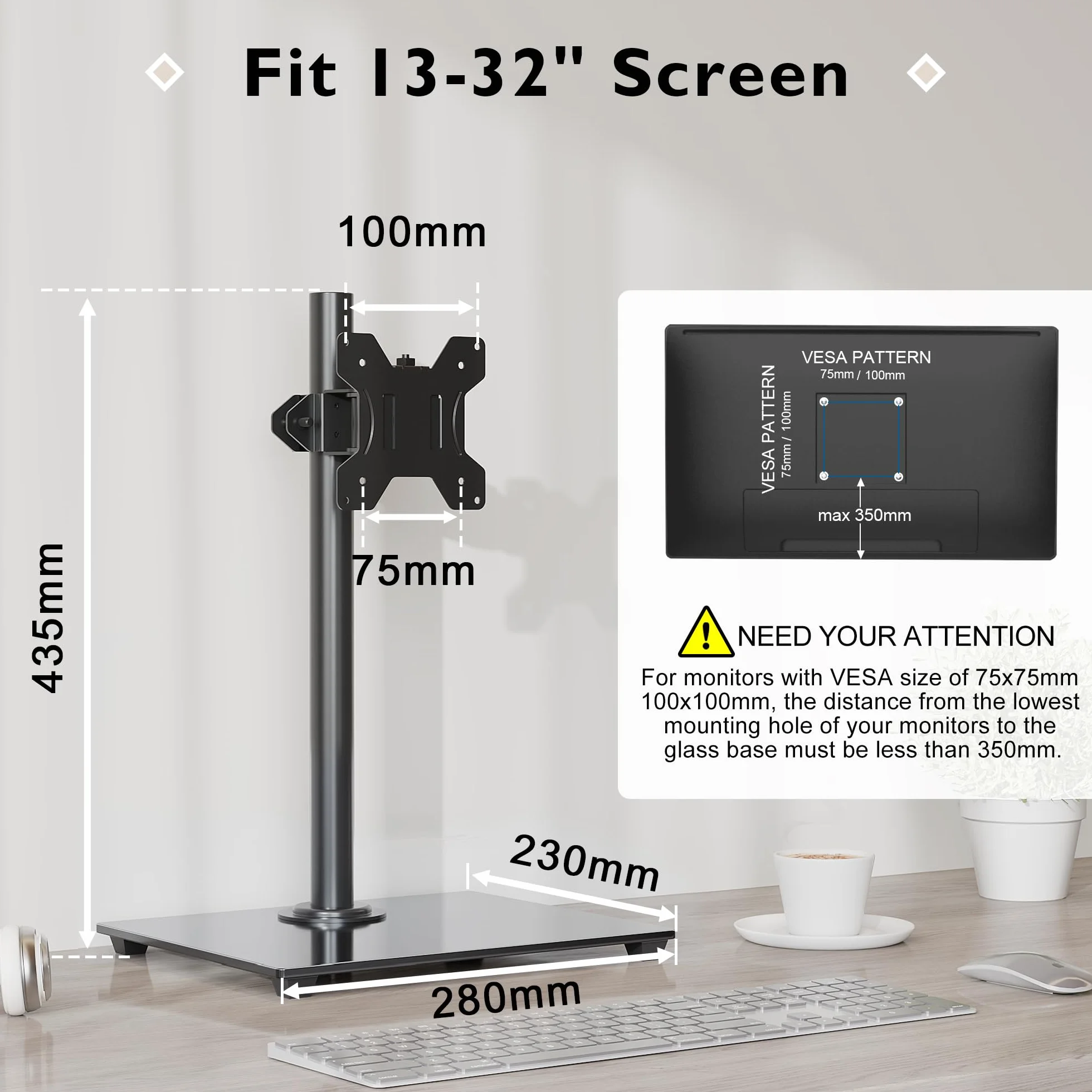 BONTEC Uchwyt na Monitor 13-32" Curved/Flat, VESA 75x75/100x100mm, Regulacja Pochylenia ±75°, Obrót 360°, Do 10 kg
