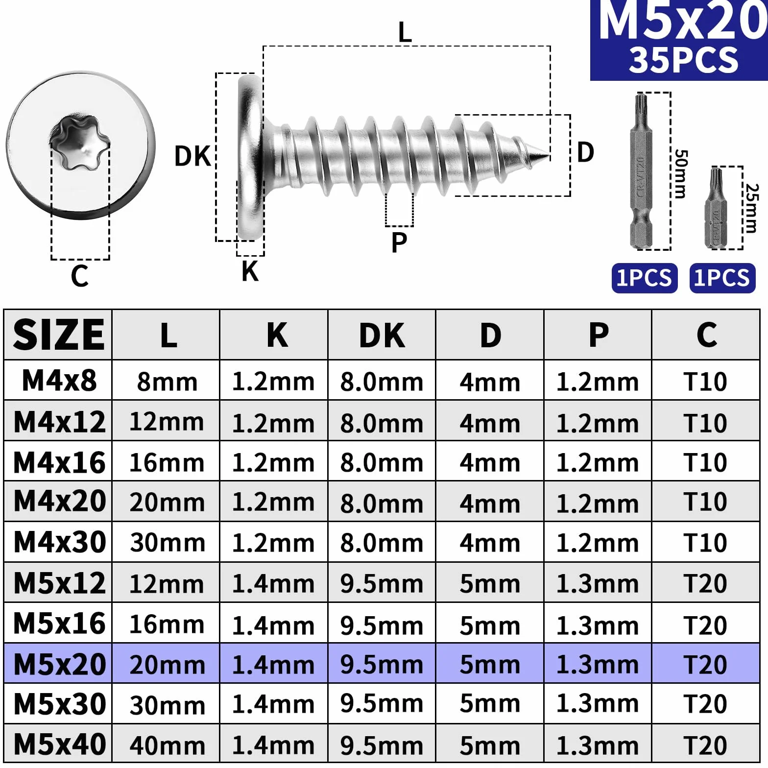 Mbsomnus Wkręty do drewna M5 x 20 mm, stal nierdzewna, 35 sztuk, wkręty samogwintujące Torx, 304, śruby ze stali nierdzewnej, wkręty do drewna, do szafek, podłóg drewnianych, regałów magazynowych