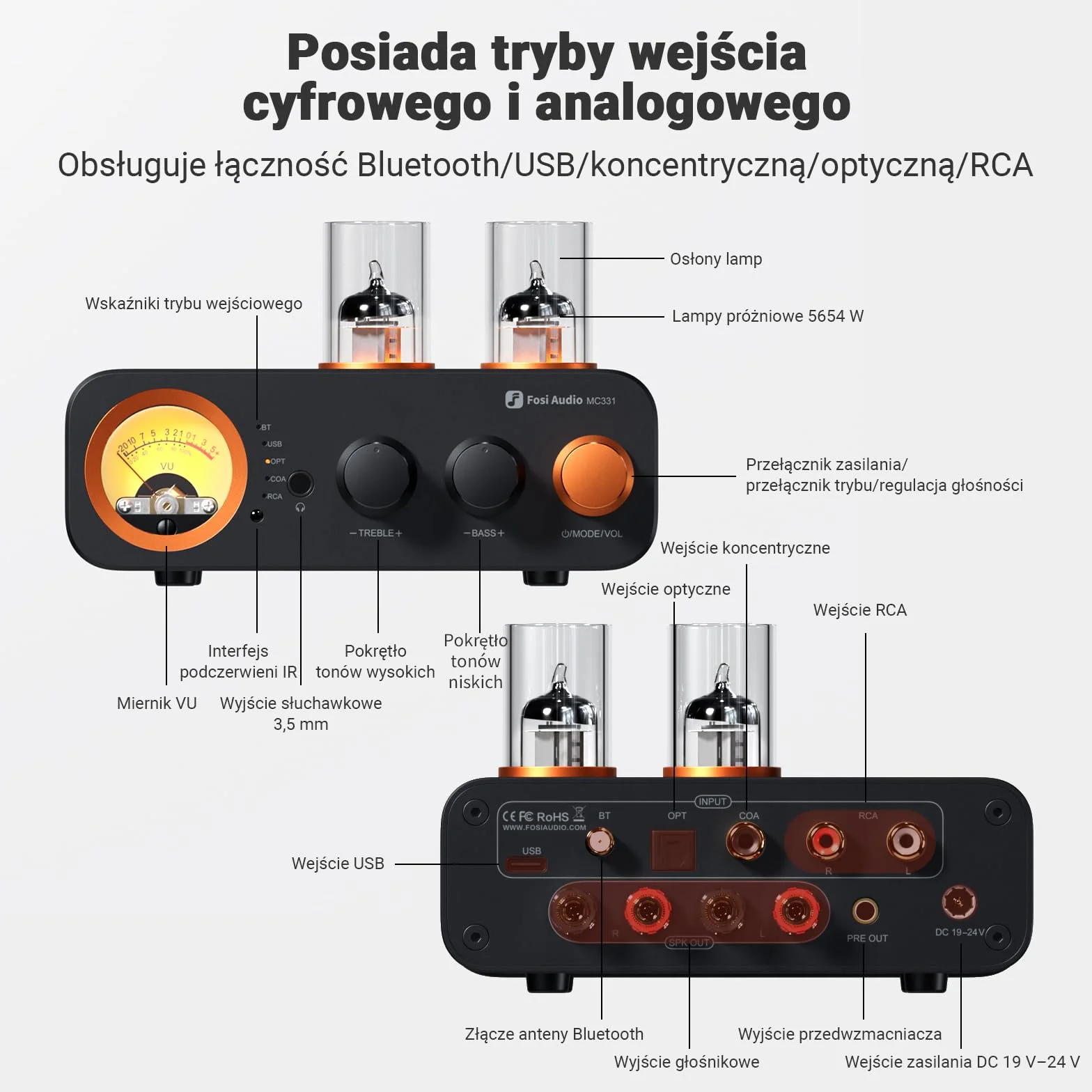 Fosi Audio MC331 Zintegrowany Wzmacniacz lampowy z DAC, 2-kanałowy wzmacniacz mocy do głośników półkowych HiFi/słuchawek 3,5 mm, przedwzmacniacz z miernikiem VU w stylu vintage z Bluetooth