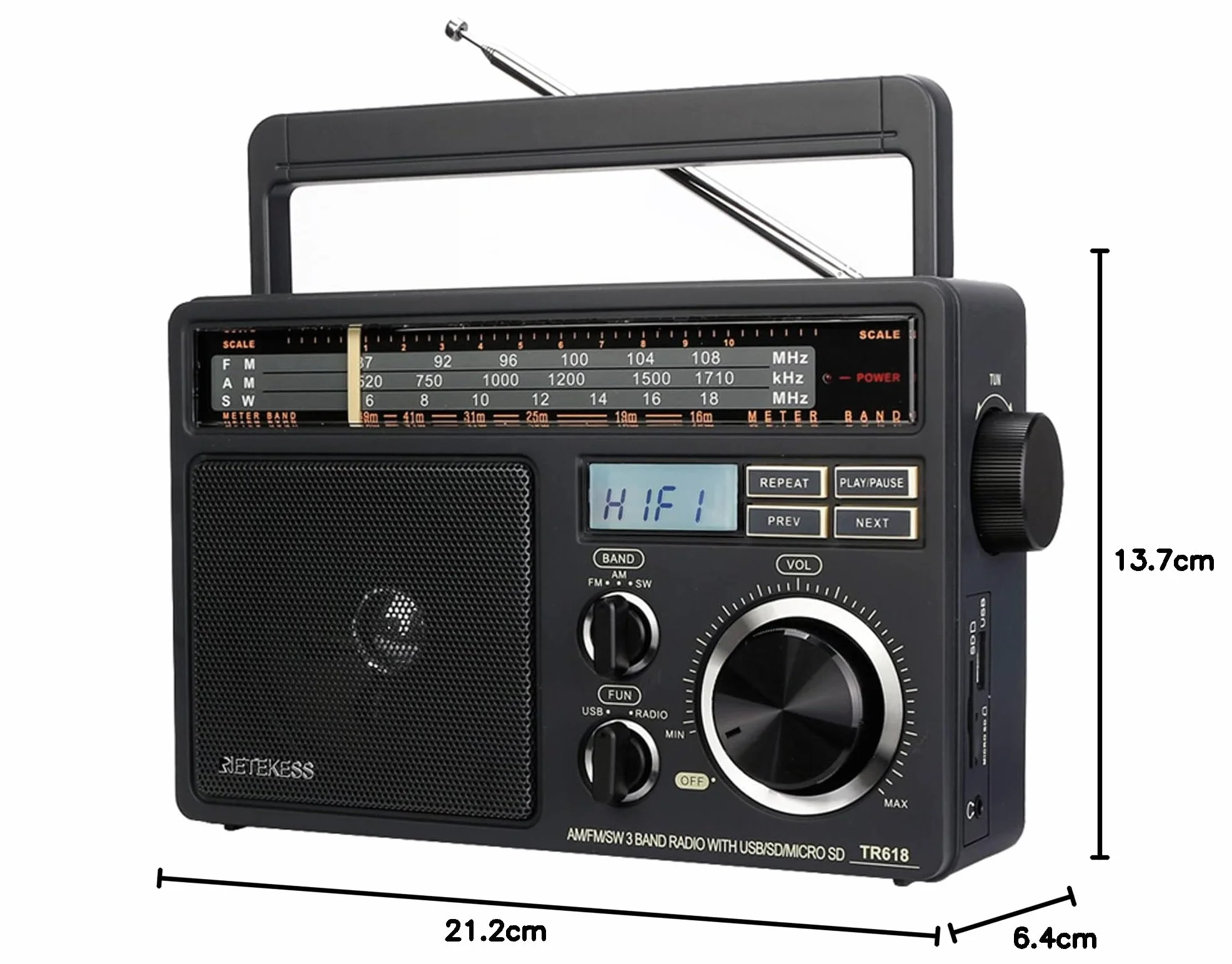 Retekess TR618 Przenośne Radio FM AM SW Analogowe Krótkofalowe USB SD/TF Gniazdo Słuchawkowe Zasilanie Sieciowe Akumulator Ciemnoszary