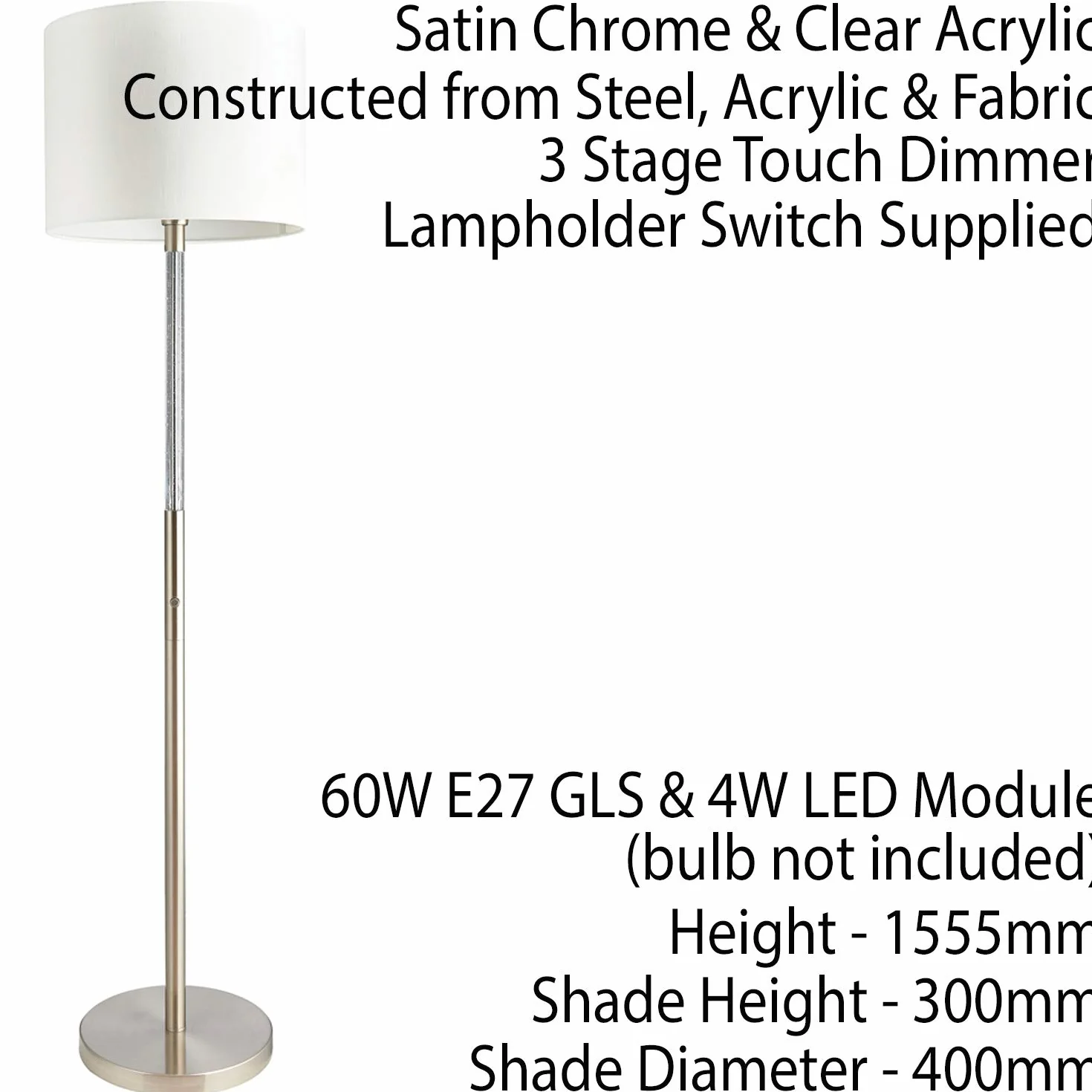 1555 mm wysokości wolnostojąca lampa podłogowa i lampa LED z funkcją łodygi - satynowy chrom i abażur z tkaniny - 60 W Max E27 żarówka nastrojowe oświetlenie - salon salon salon salon podstawka do czytania - metal wysoki i dotykowy ściemniacz