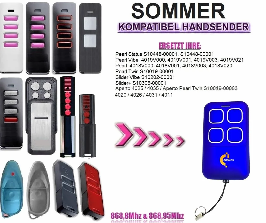 Nadajnik ręczny do bramy garażowej, kompatybilny z SOMMER SOMloq2 4019V000, 4019V001, 4019V003, 4019V021, TX55-868-4, TX40-868-4, pilot zastępczy z baterią i instrukcją obsługi, kolor: niebieski