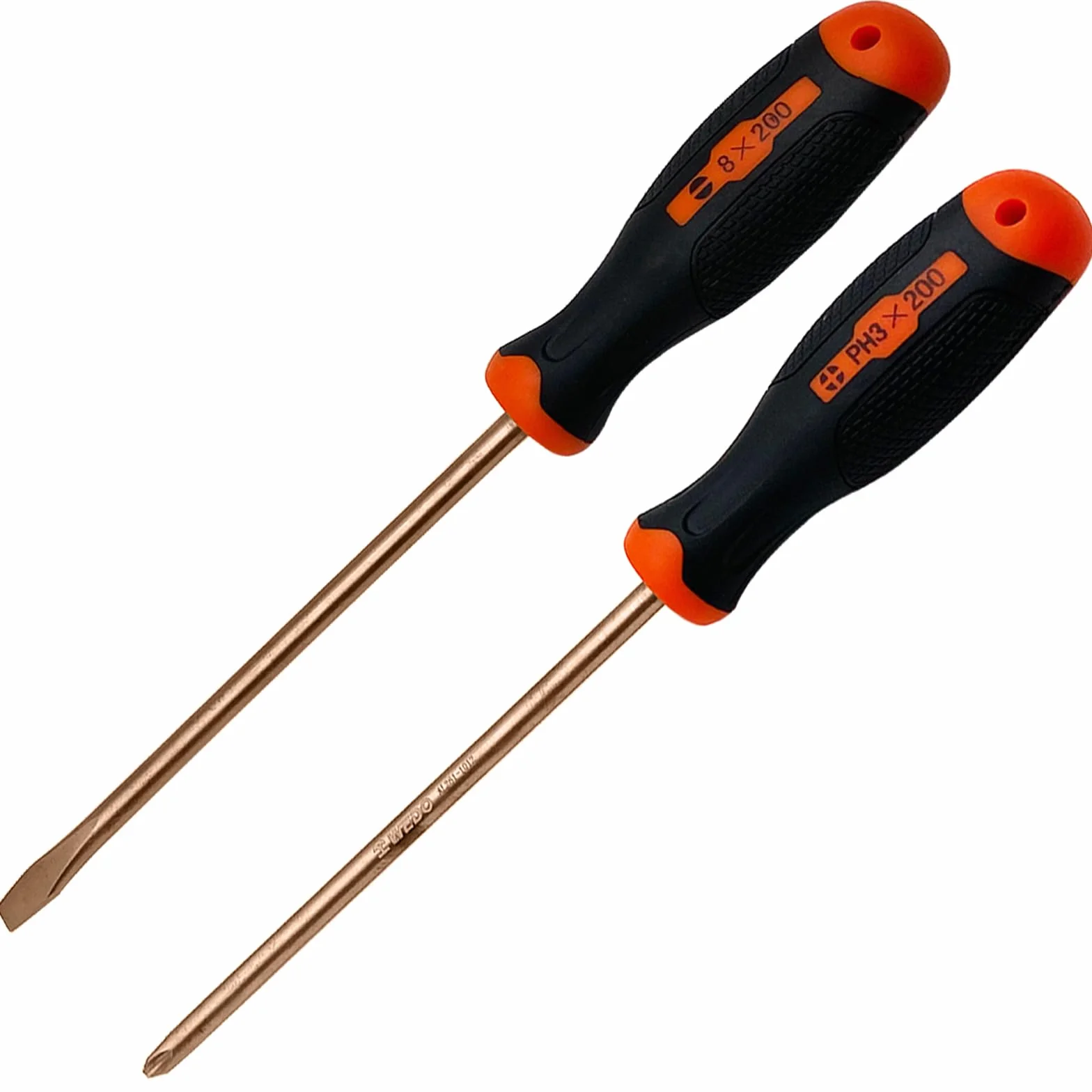 WEDO 2-częściowy zestaw wkrętaków nieiskrzących, głowica płaska 8 x 200 mm, głowica Wkrętak krzyżowy PH3 200 mm, miedź berylowa, niemagnetyczna, uchwyt z włókna szklanego