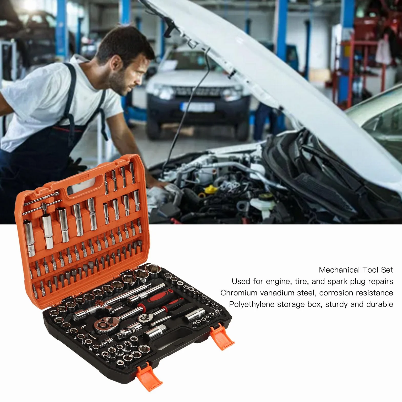 108-częściowy Zestaw Narzędzi do Naprawy Mechanicznej, Chromowana Stal Wanadowa, Gniazda, Wkręty śrubokrętów, Klucze Zapadkowe, Klucze Sześciokątne do Konserwacji Samochodów i